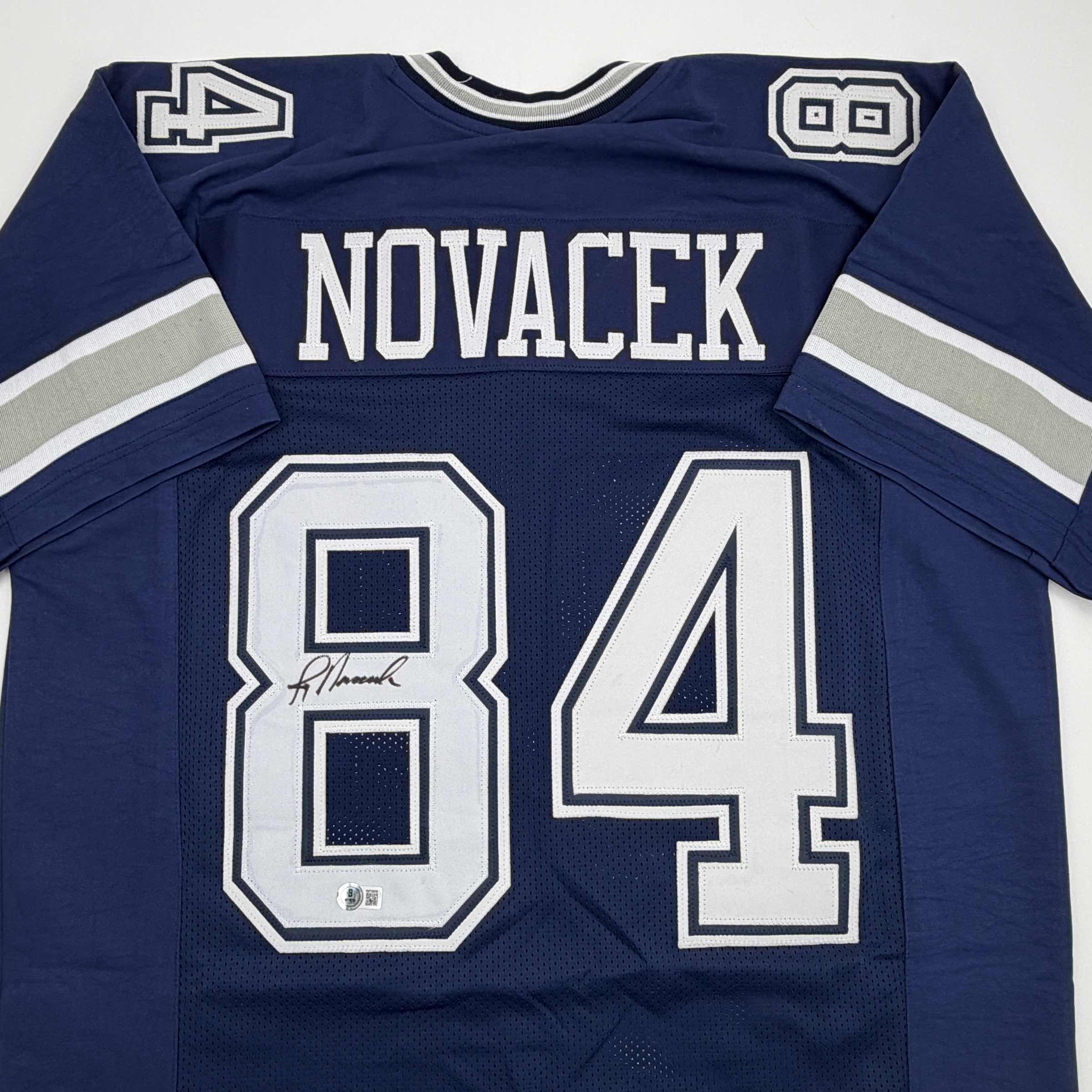 Autographed/Signed Jay Novacek Dallas Dark Blue Football Jersey Beckett BAS COA