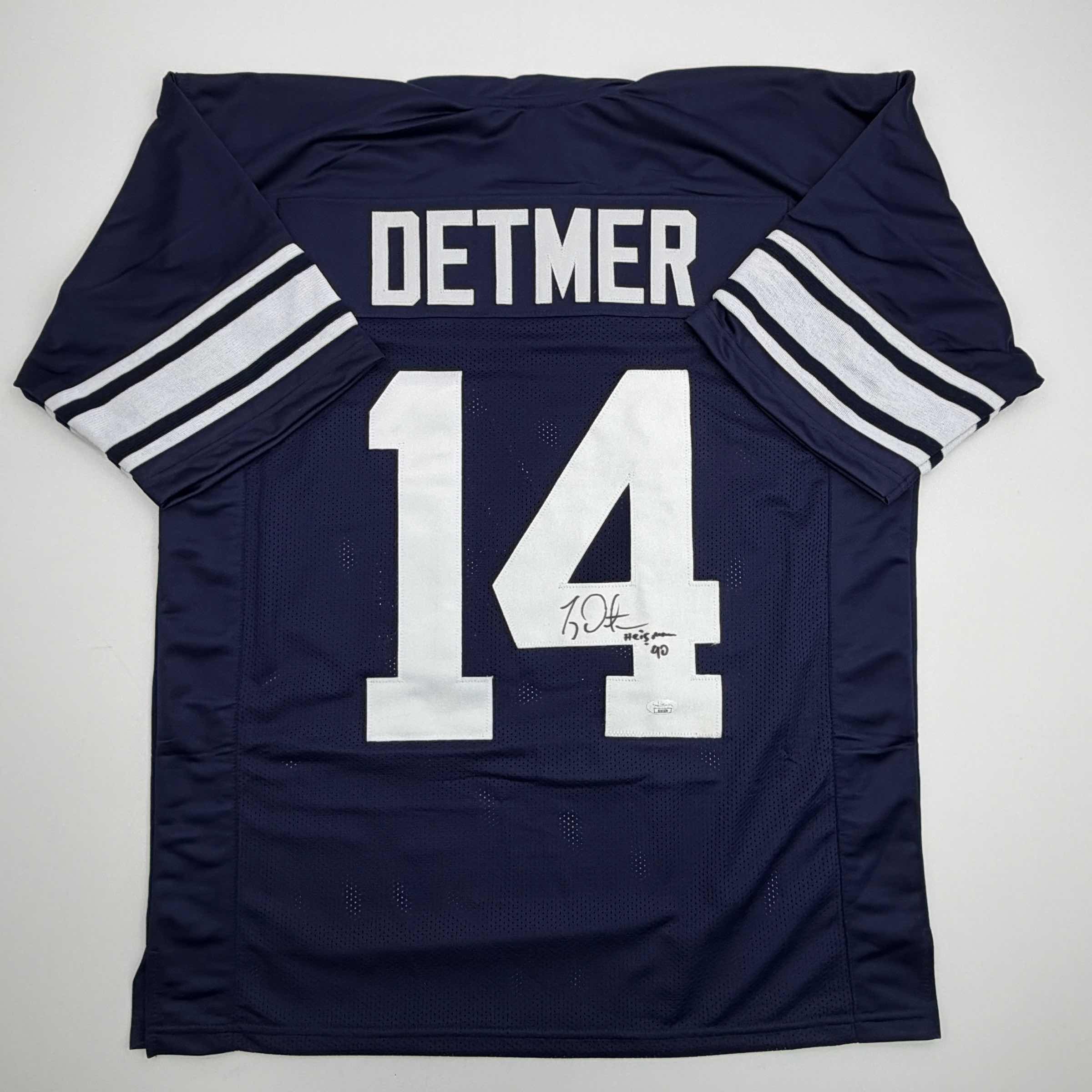 Autographed/Signed Ty Detmer Heisman 90 Brigham Young BYU Blue College Football Jersey JSA COA