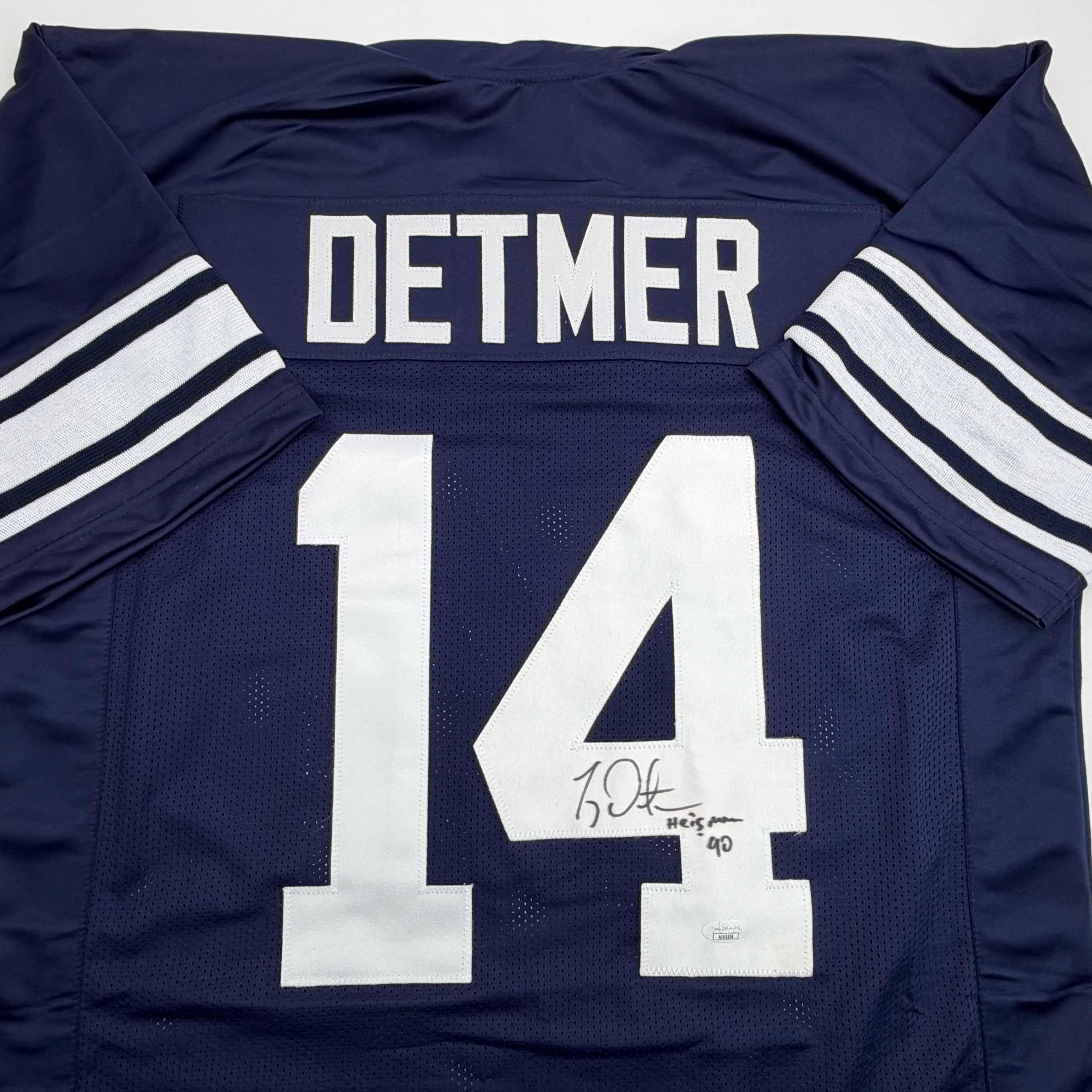 Autographed/Signed Ty Detmer Heisman 90 Brigham Young BYU Blue College Football Jersey JSA COA
