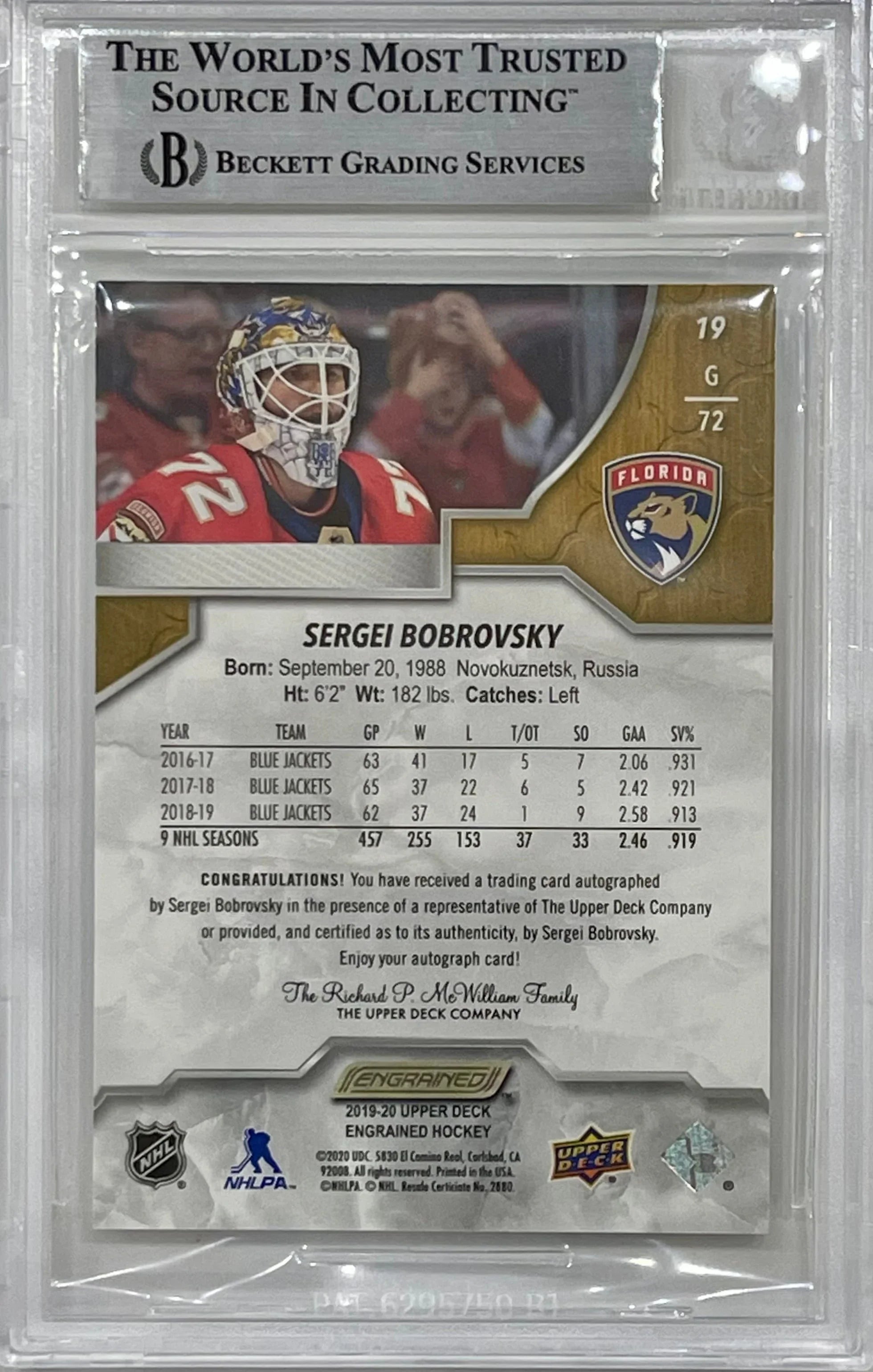 Sergei Bobrovsky Signed 2019-20 Upper Deck Engrained Autographs Card - Beckett