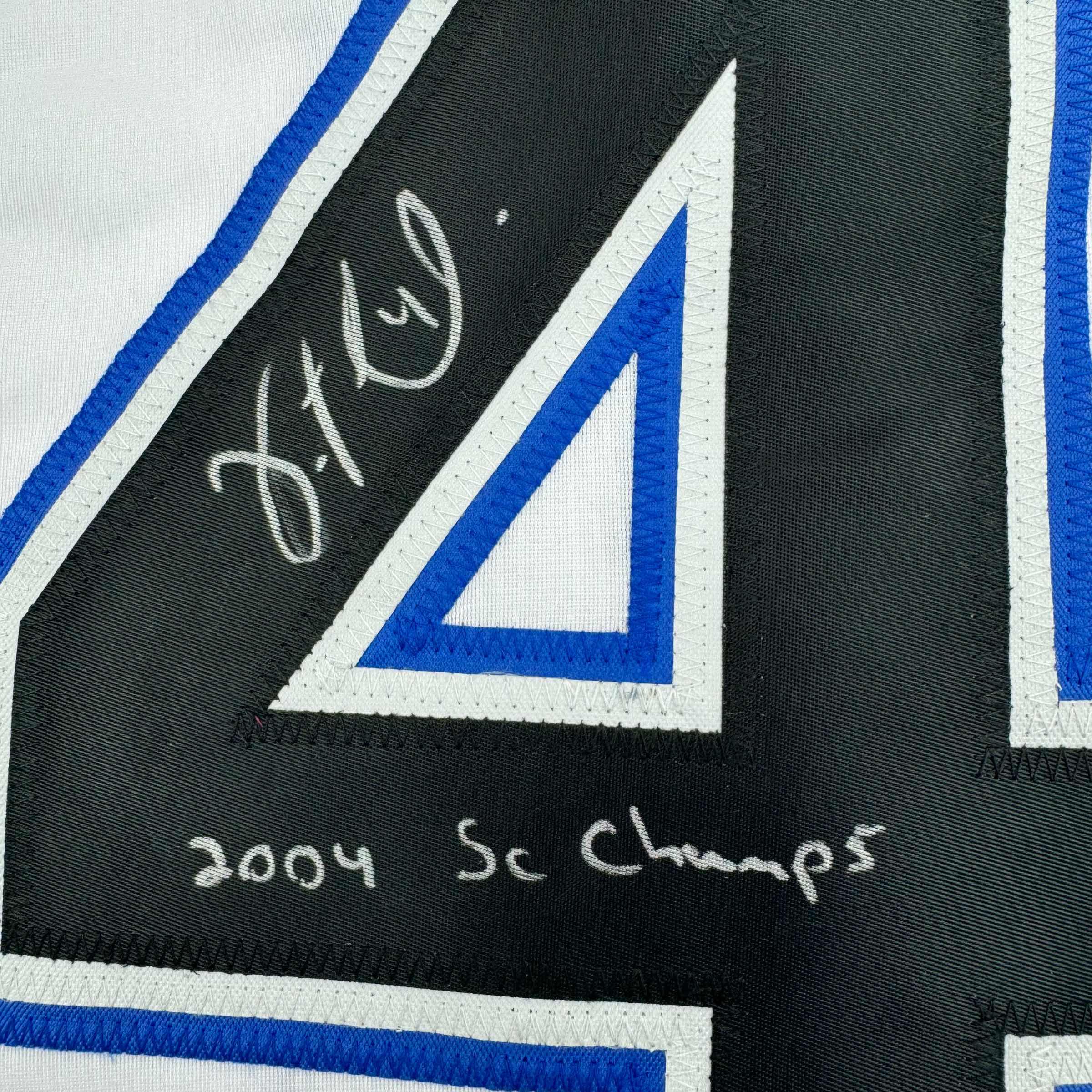 Framed Autographed/Signed Vincent Lecavalier 2004 SC Champs 35x39 Tampa Bay White Hockey Jersey JSA COA