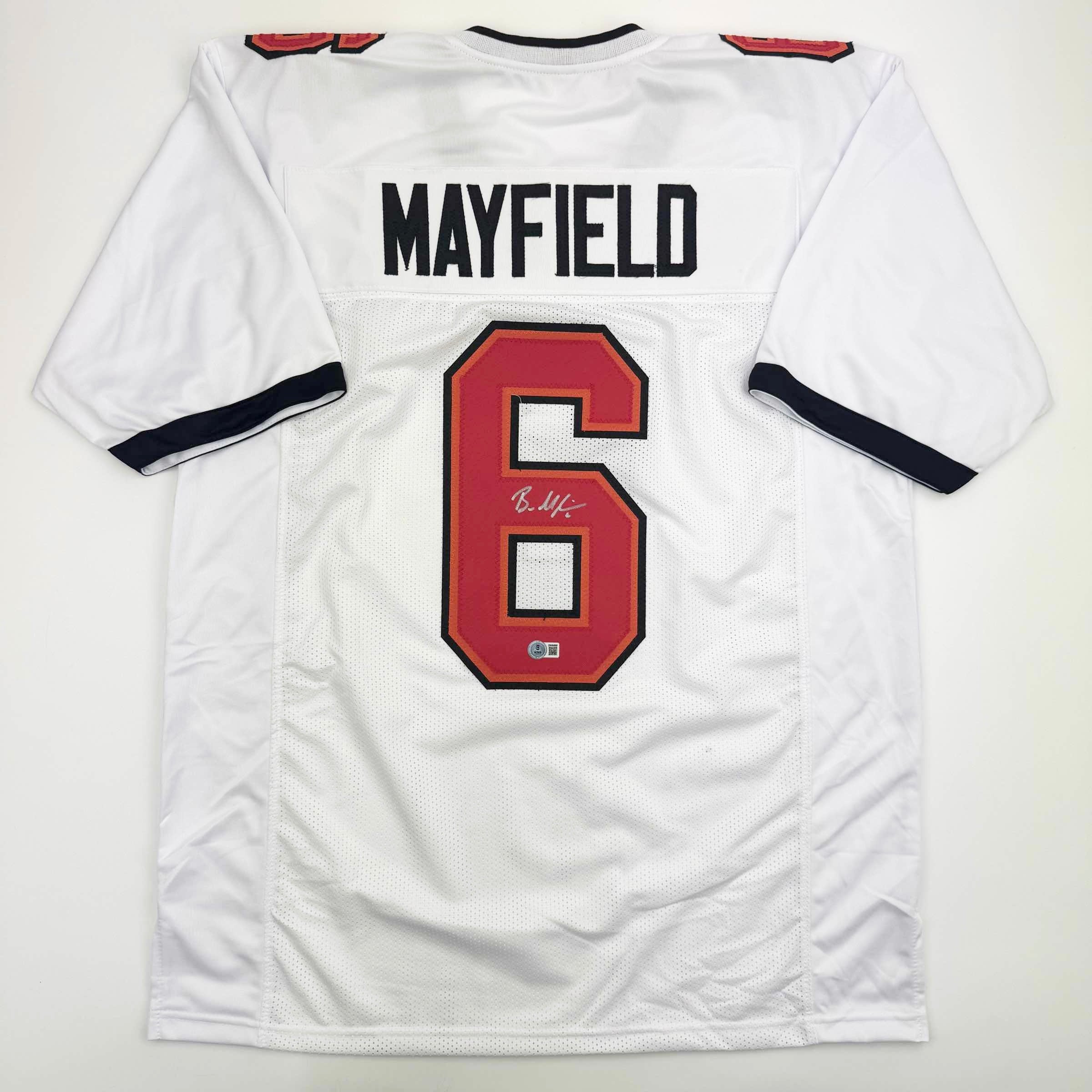 Autographed/Signed Baker Mayfield Tampa Bay White Football Jersey Beckett BAS COA