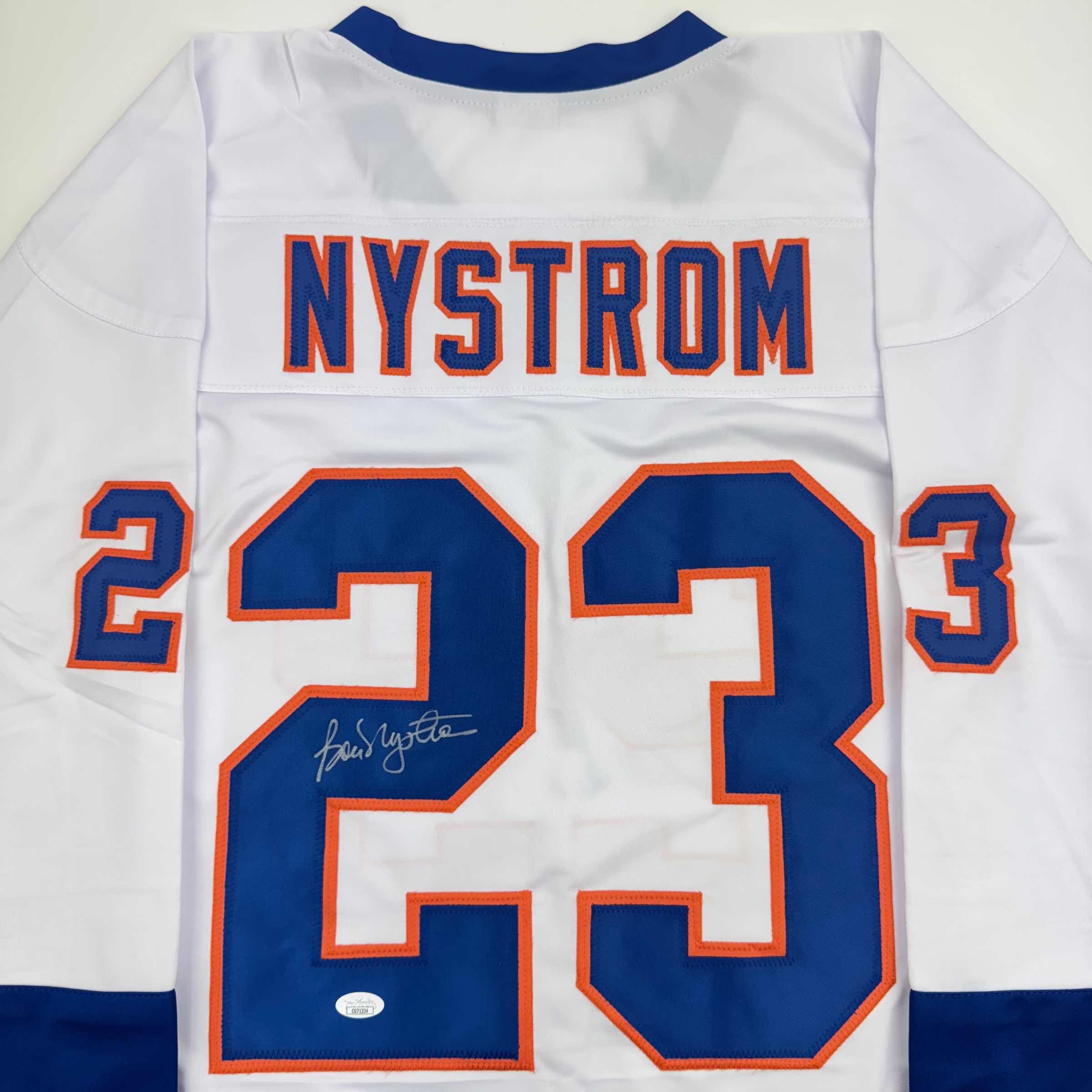 Autographed/Signed Bob Nystrom New York White Hockey Jersey JSA COA