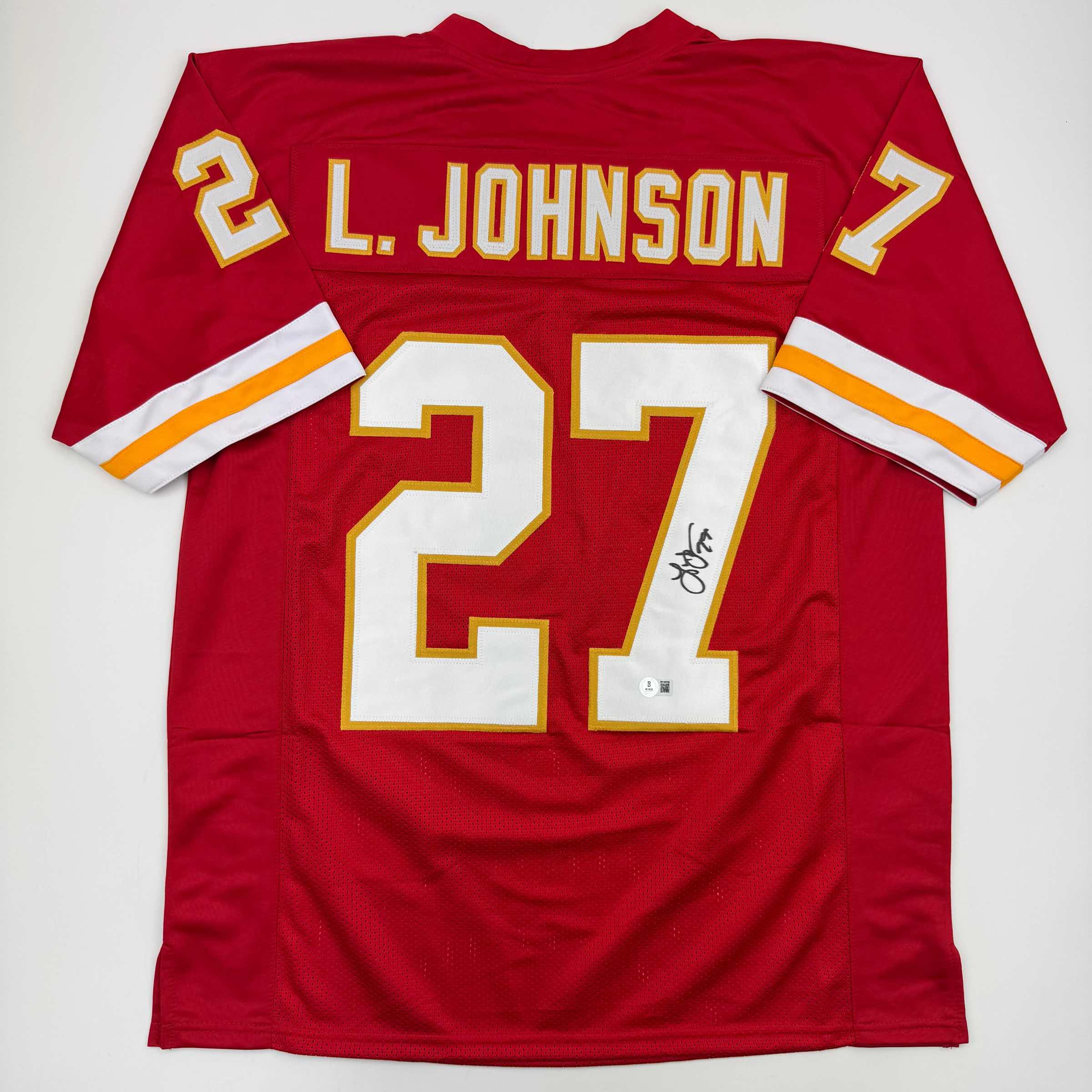 Autographed/Signed Larry Johnson Kansas City Red Football Jersey Beckett BAS COA