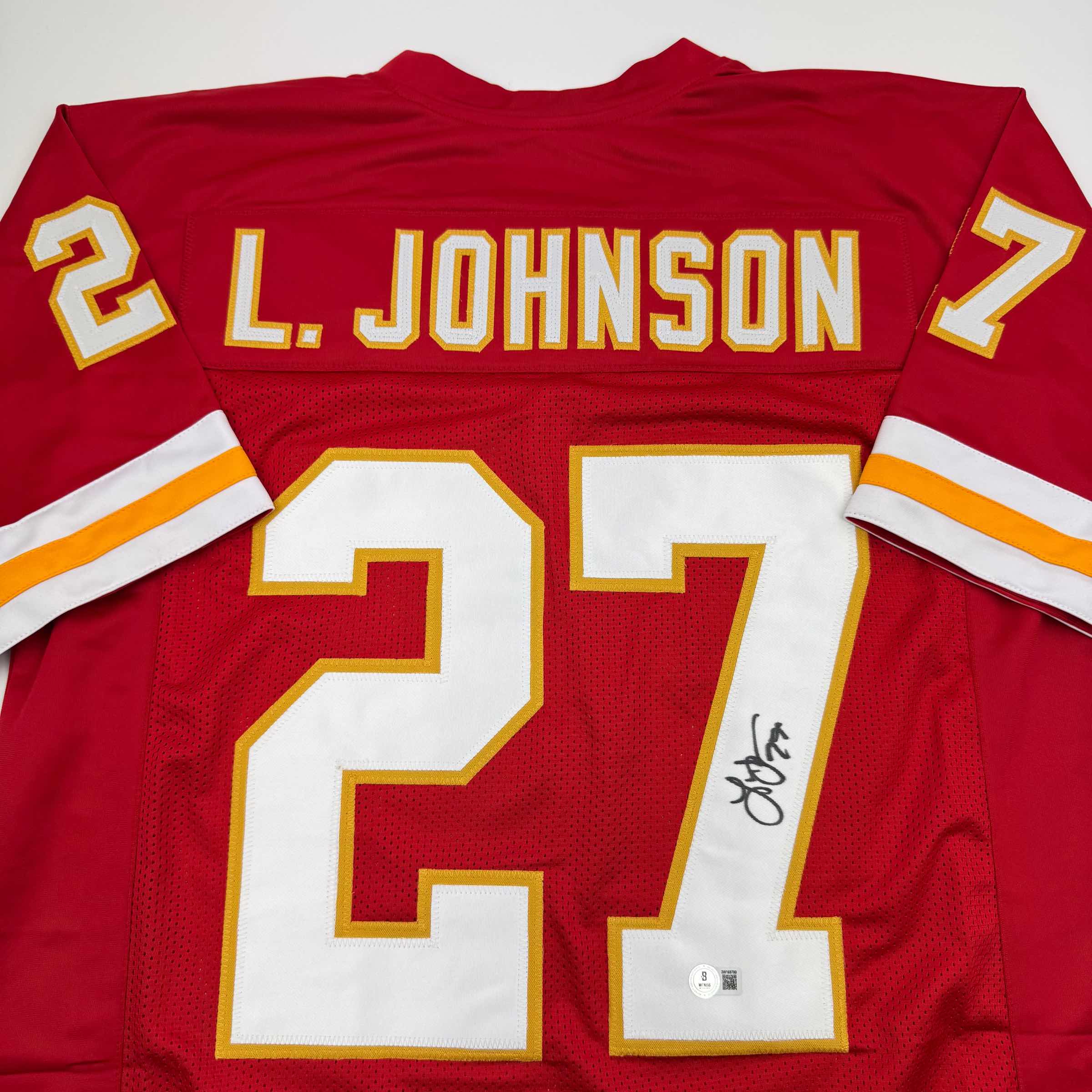 Autographed/Signed Larry Johnson Kansas City Red Football Jersey Beckett BAS COA