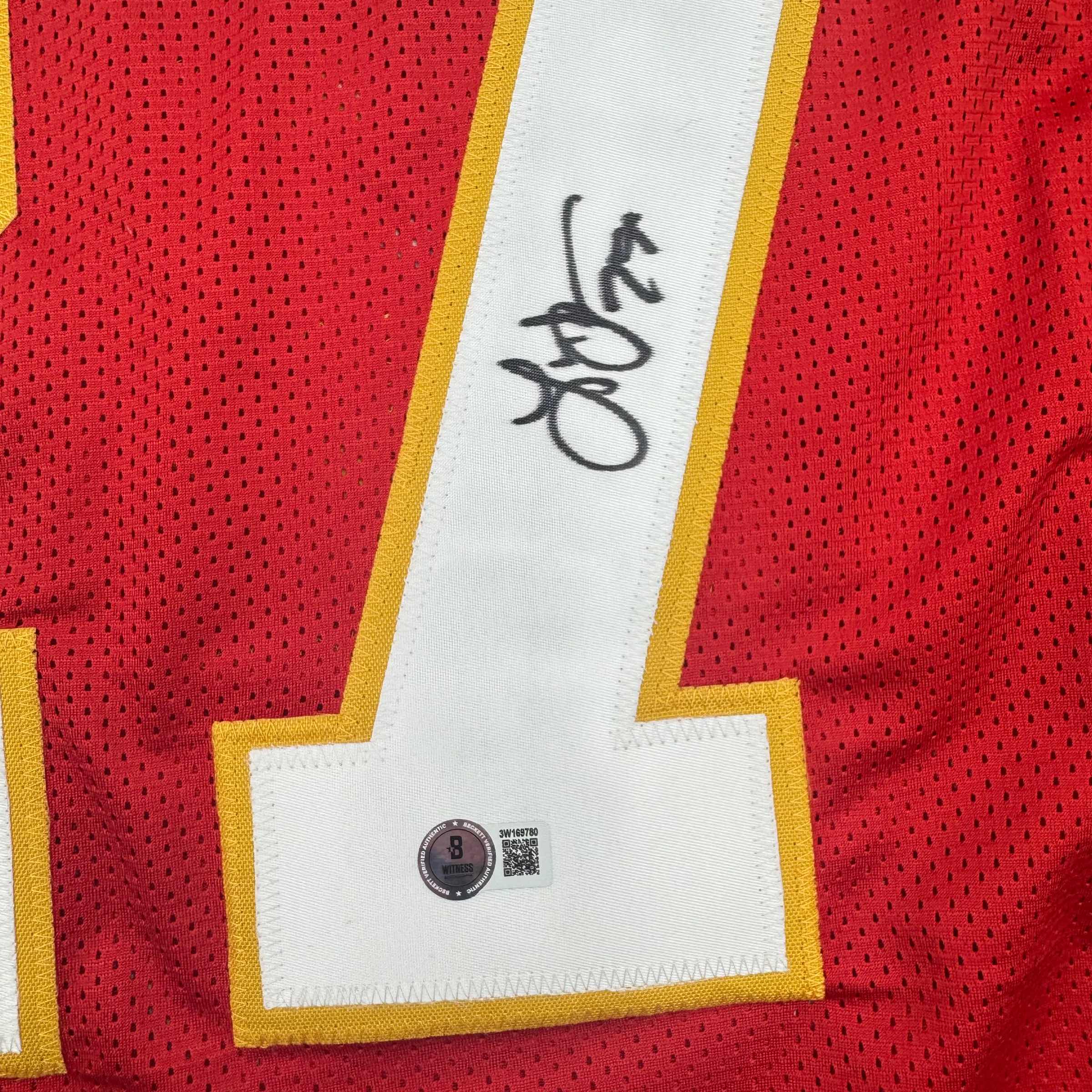 Autographed/Signed Larry Johnson Kansas City Red Football Jersey Beckett BAS COA