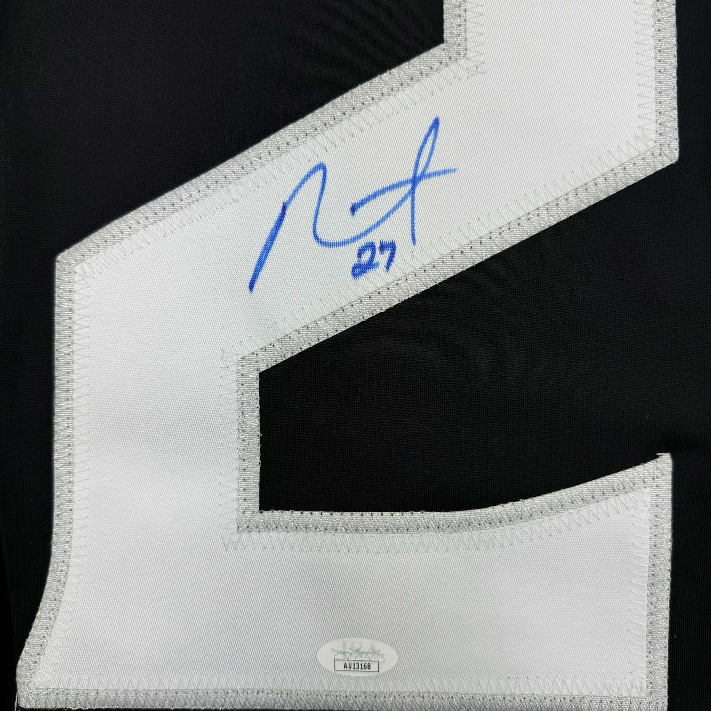 Framed Autographed/Signed Alec Martinez 35x39 Los Angeles LA Black Hockey Jersey JSA COA