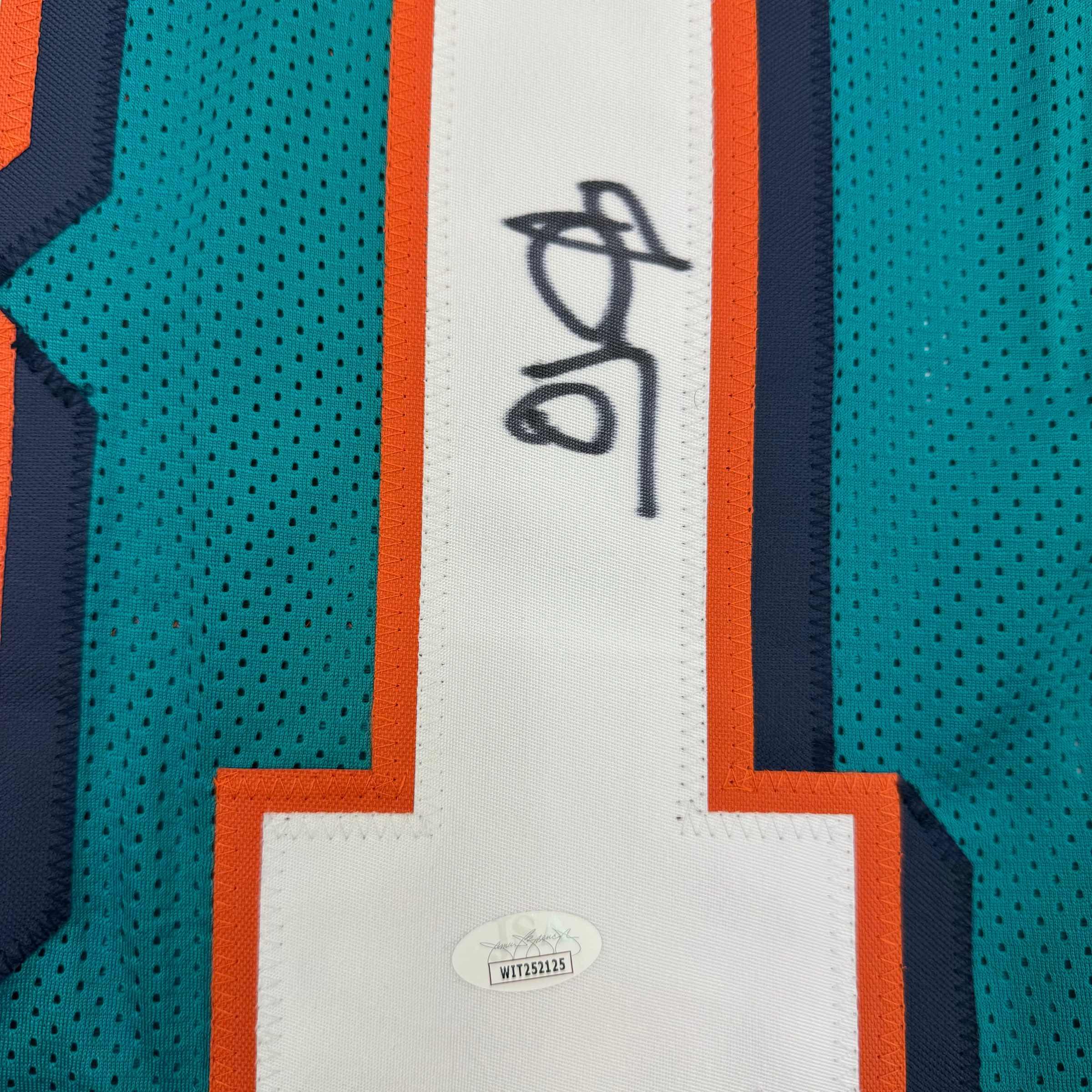 Framed Autographed/Signed O.J. OJ McDuffie 35x39 Miami Teal Football Jersey JSA COA