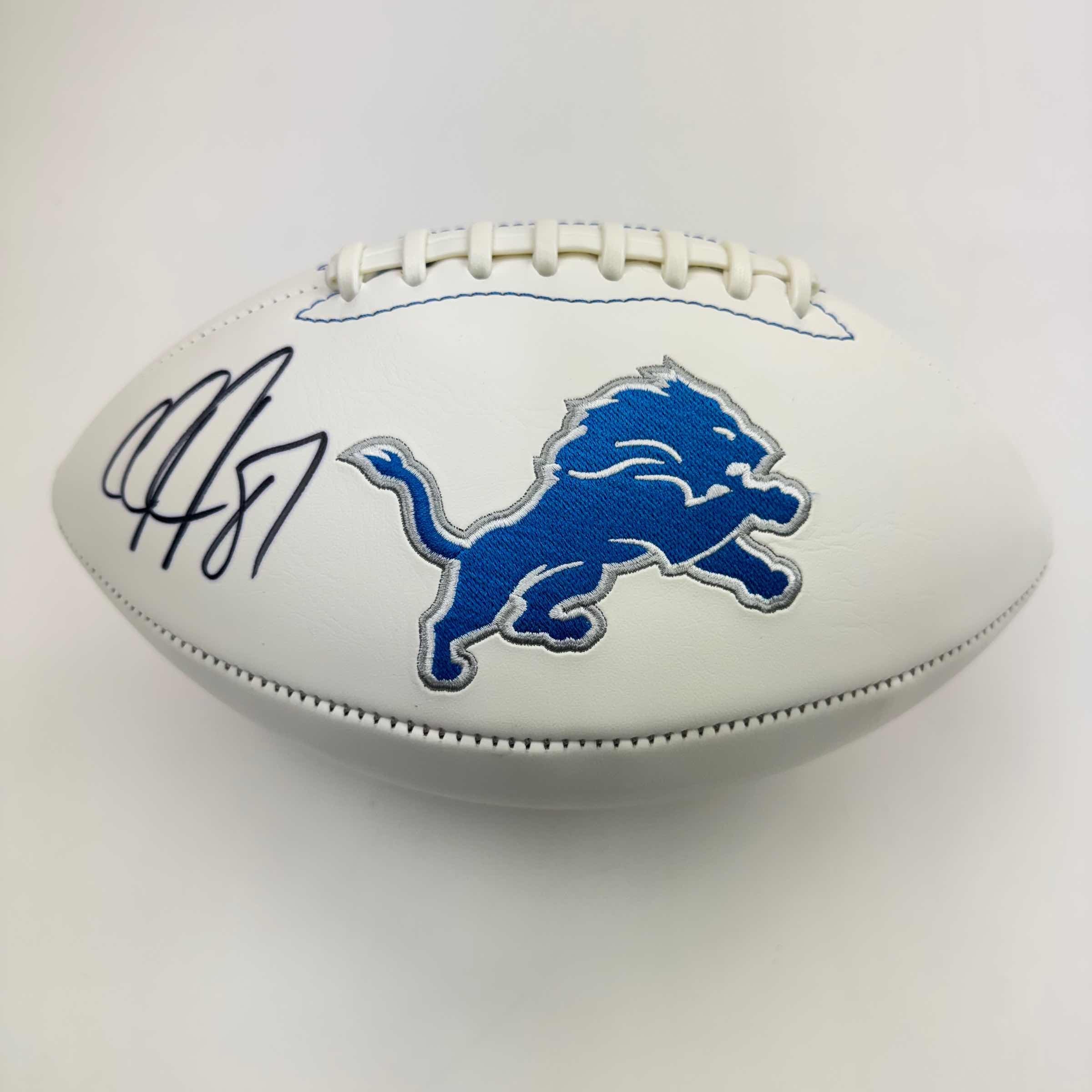 Autographed/Signed Calvin Johnson Detroit Lions Full Size F/S White Panel Logo Football Beckett COA