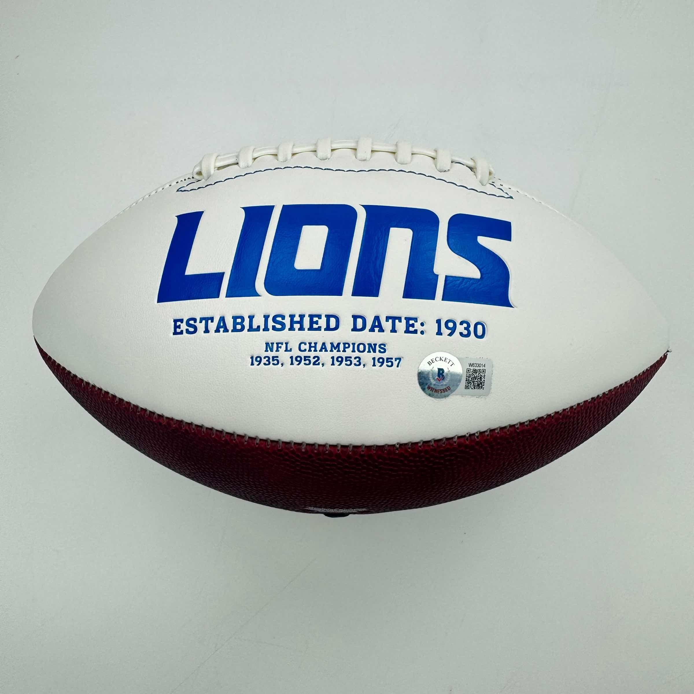 Autographed/Signed Calvin Johnson Detroit Lions Full Size F/S White Panel Logo Football Beckett COA