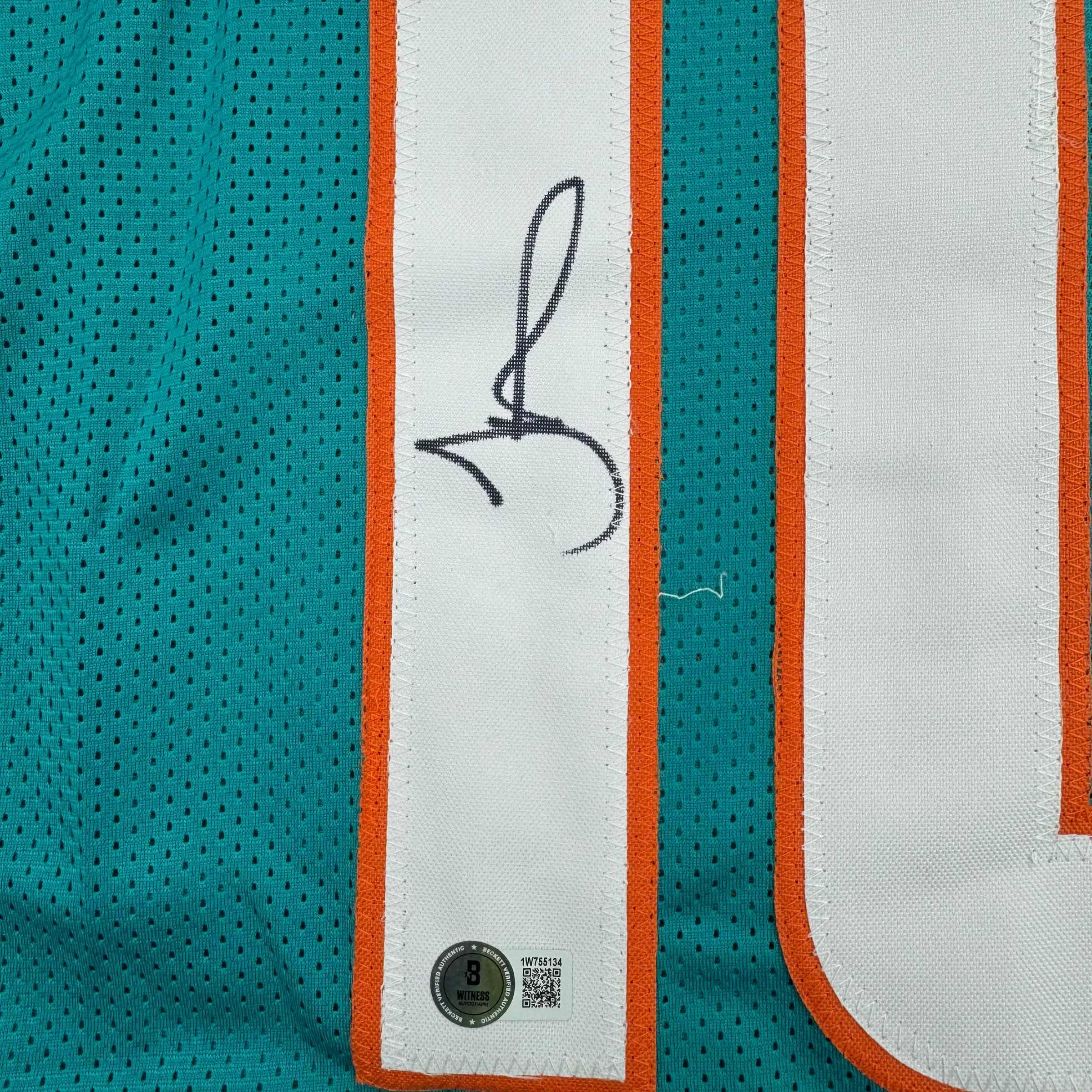 Framed Autographed/Signed Tyreek Hill 35x39 Miami Teal Football Jersey Beckett BAS COA