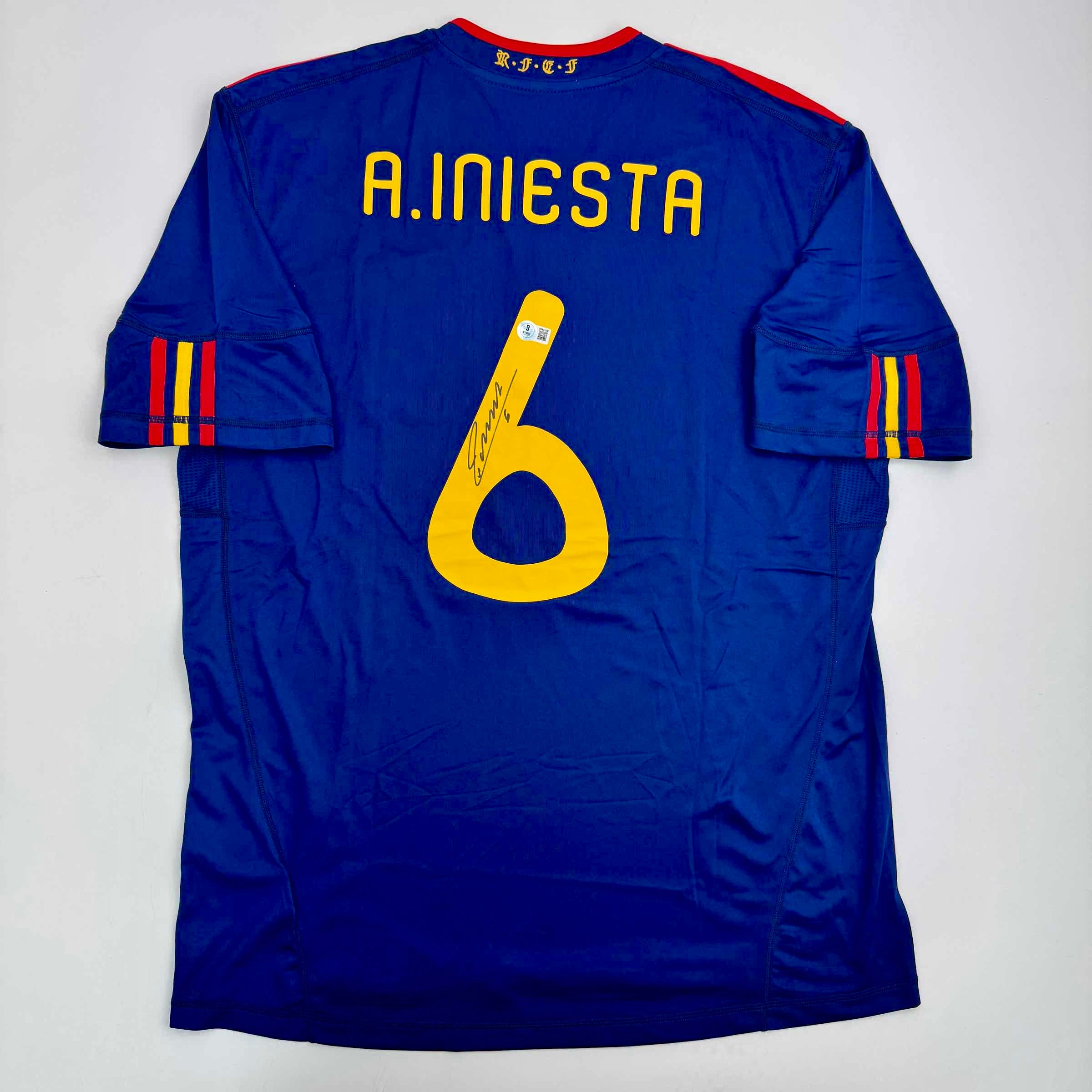 Autographed/Signed Andres Iniesta Spain Blue World Cup Soccer Futbol Jersey Beckett BAS COA