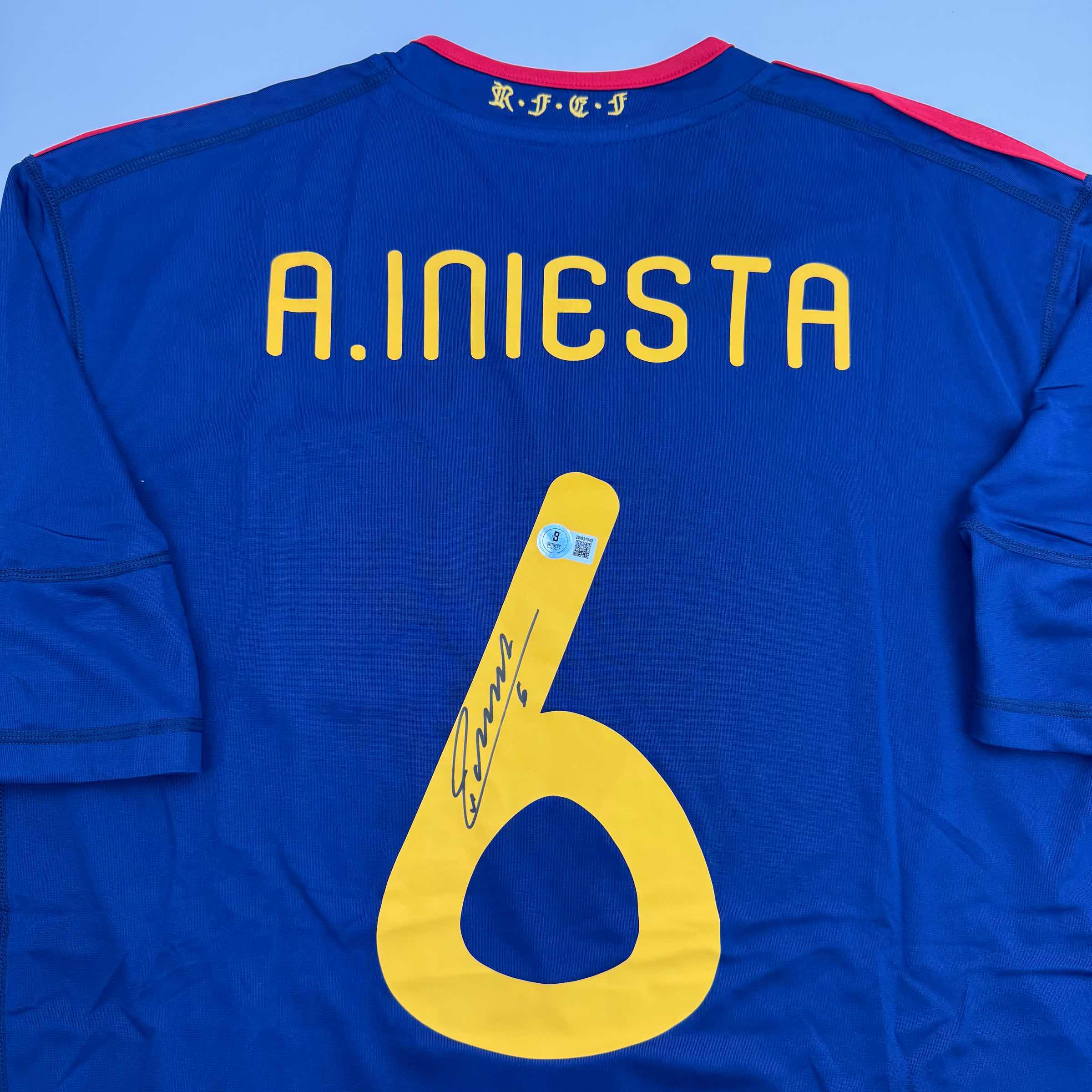 Autographed/Signed Andres Iniesta Spain Blue World Cup Soccer Futbol Jersey Beckett BAS COA