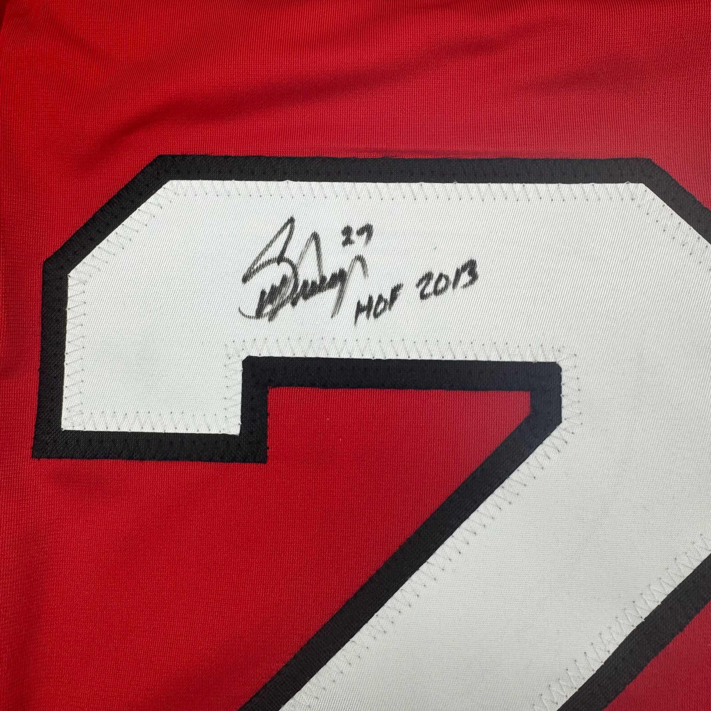 Autographed/Signed Scott Niedermayer "HOF 2013" New Jersey Red Hockey Jersey JSA COA