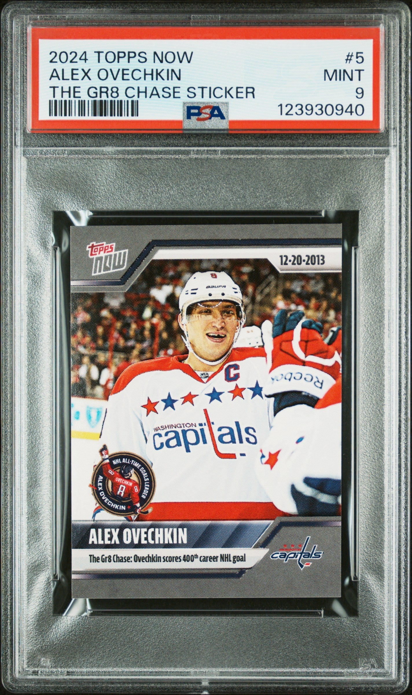 Graded 2024 Topps Now Alex Ovechkin #5 The GR8 Chase Sticker Hockey Card PSA 9 Mint