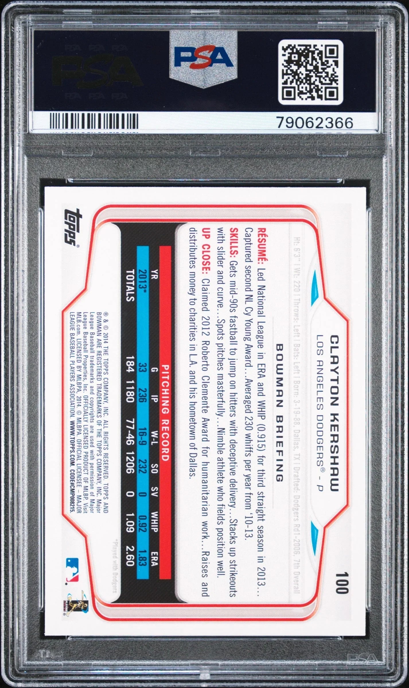 2014 BOWMAN CLAYTON KERSHAW  #100 - PSA 10