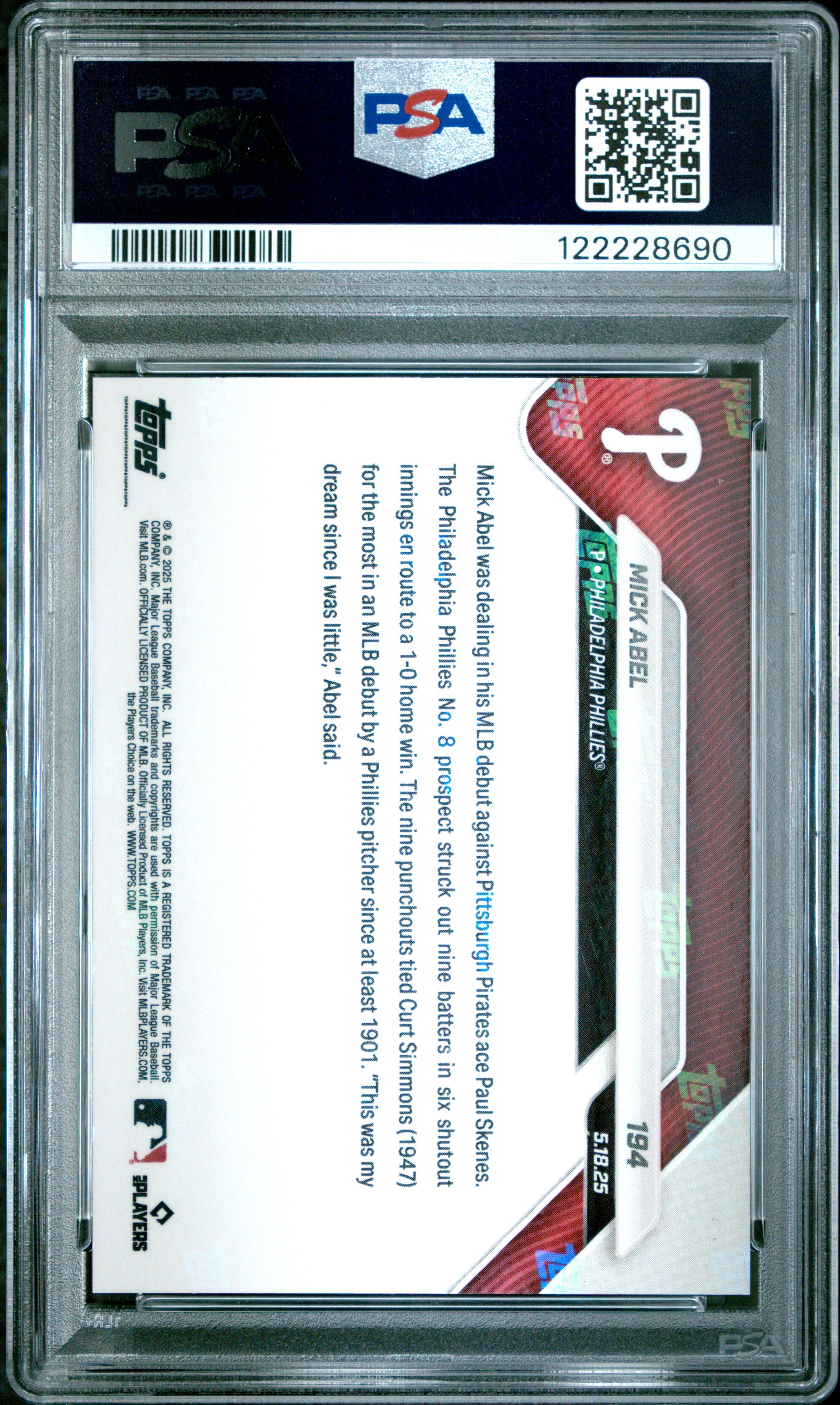 Graded 2025 Topps Now Mick Abel #194 Gold Foil /50 Rookie Baseball Card PSA 9 Mint