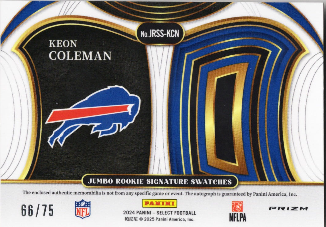 2024 Panini Select Keon Coleman #JRSSKCN Jumbo Patch White Auto /75 Buffalo Bills Rookie RC Football Card