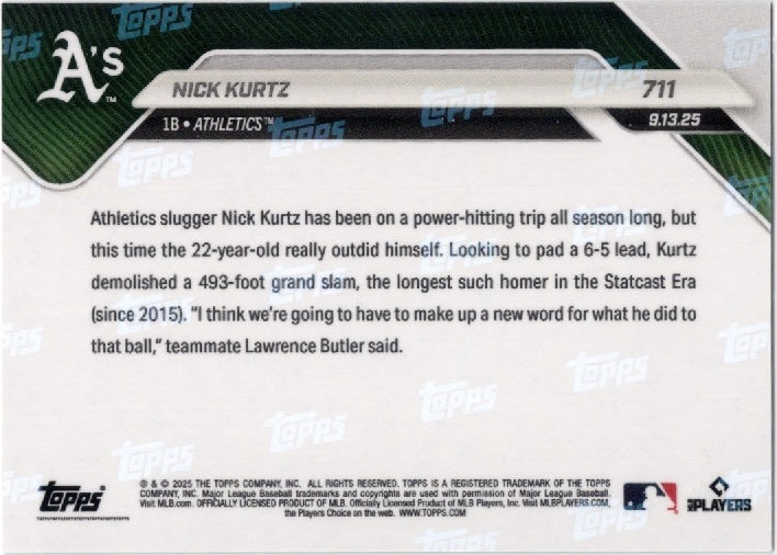 2025 Topps Now Nick Kurtz #711 Black Foil /10 Athletics Rookie RC Baseball Card