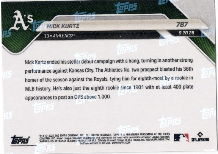 2025 Topps Now Nick Kurtz #787 Gold Foil /50 Athletics Rookie RC Baseball Card
