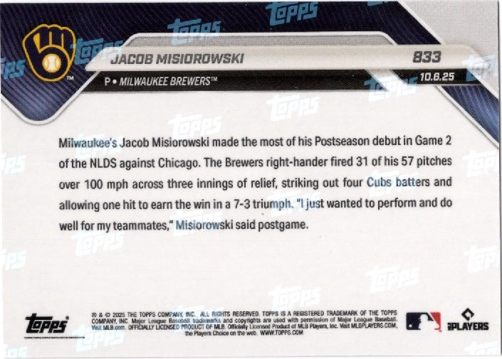 2025 Topps Now Jacob Misiorowski #833 Black Foil /10 Milwaukee Brewers Rookie RC Baseball Card