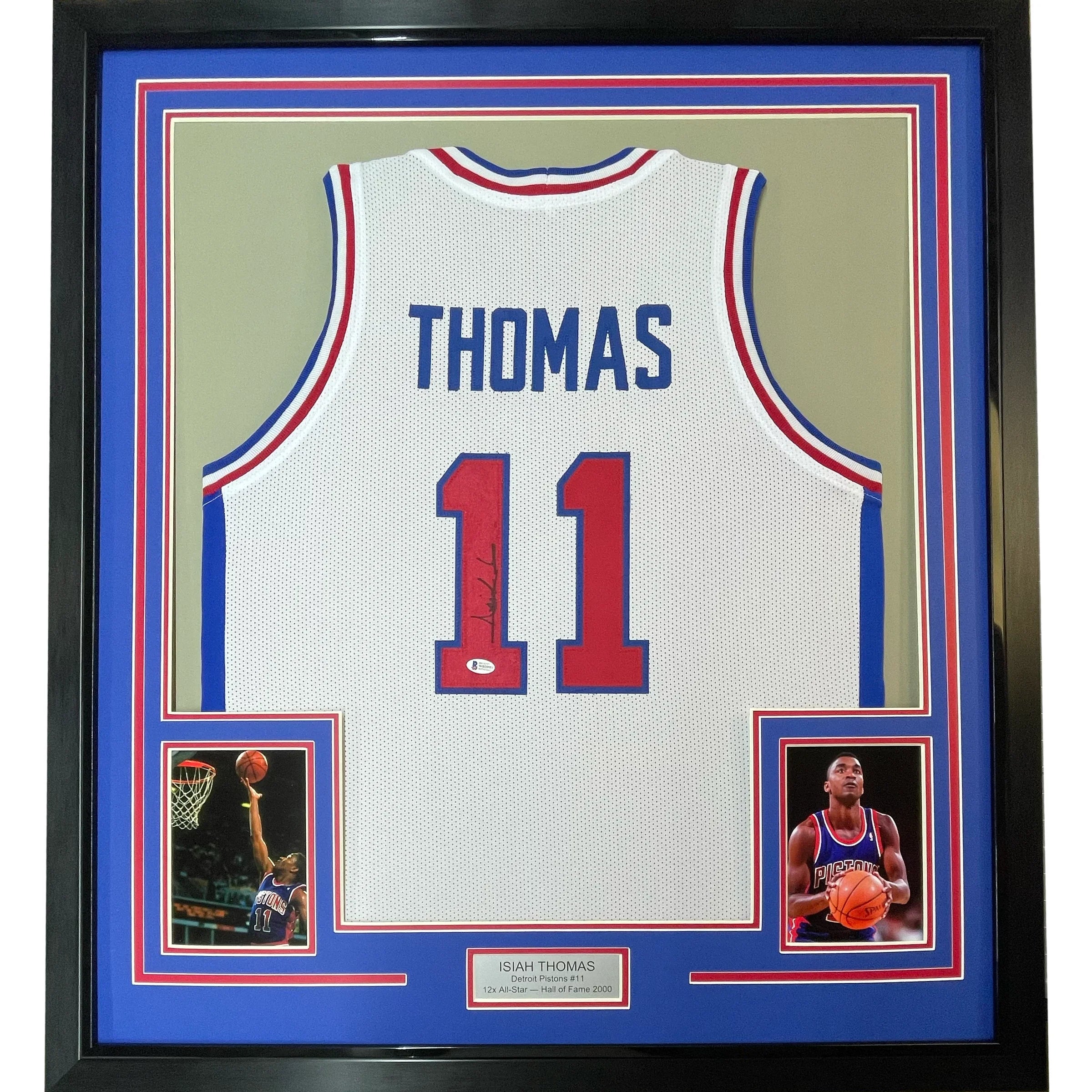 Framed Autographed/Signed Isiah Thomas 35x39 Detroit White Basketball Jersey Beckett BAS COA
