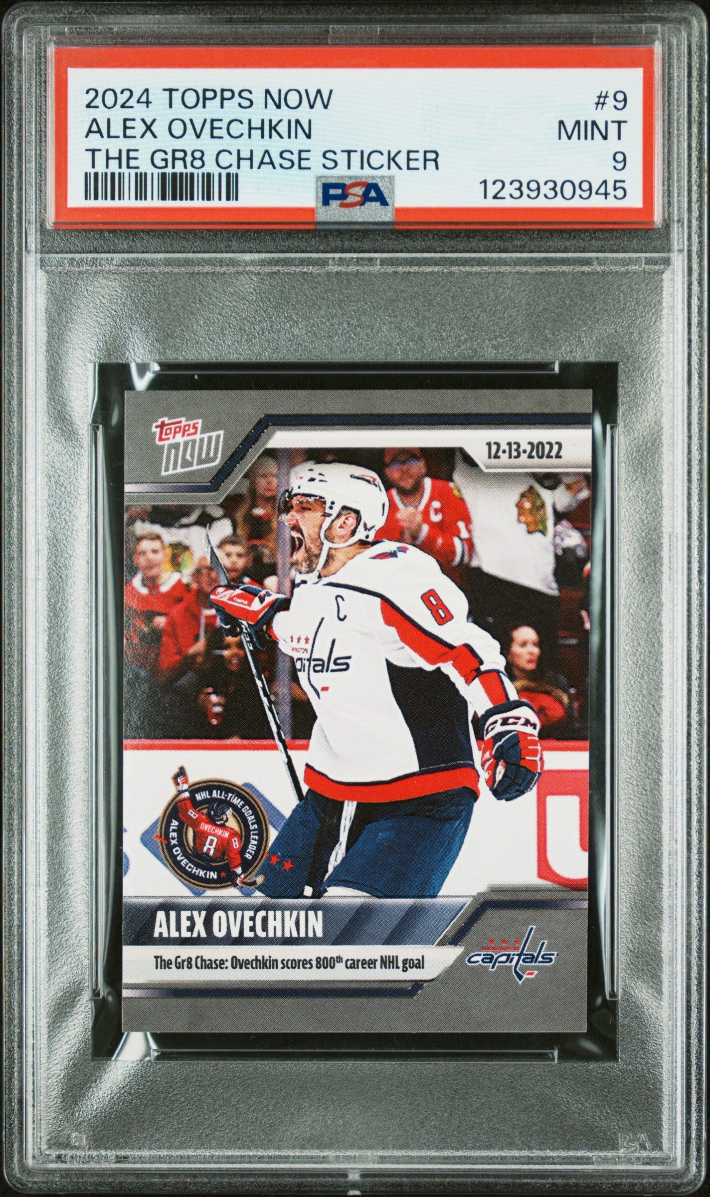 Graded 2024 Topps Now Alex Ovechkin #9 The GR8 Chase Sticker Hockey Card PSA 9 Mint