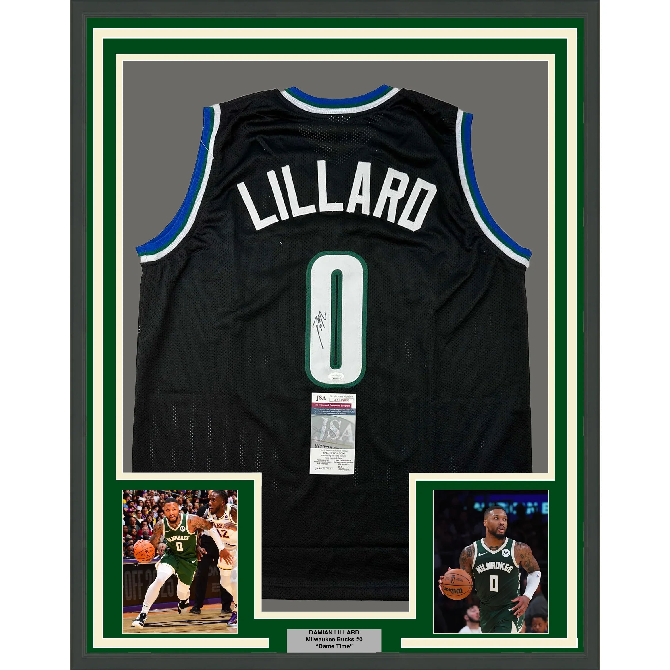 Framed Autographed/Signed Damian Lillard 35x39 Milwaukee Black Basketball Jersey JSA COA
