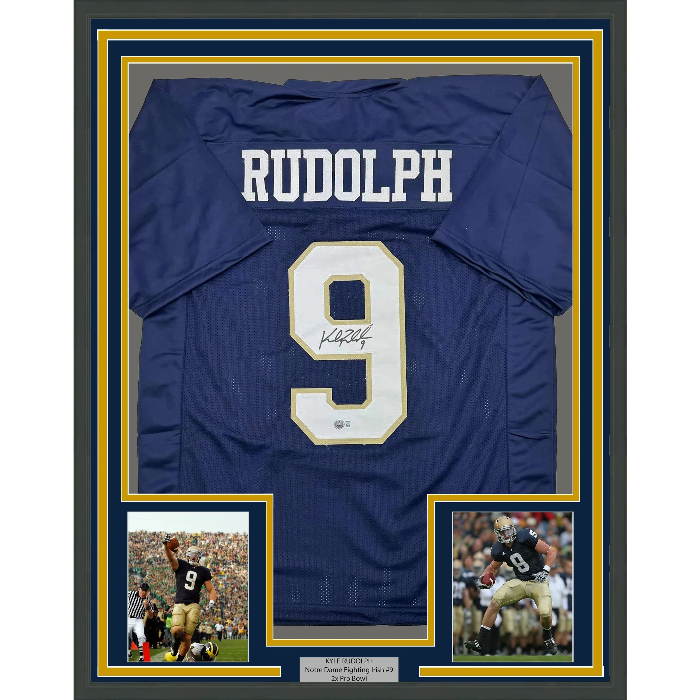 Framed Autographed/Signed Kyle Rudolph 35x39 Notre Dame Blue College Football Jersey Beckett BAS COA