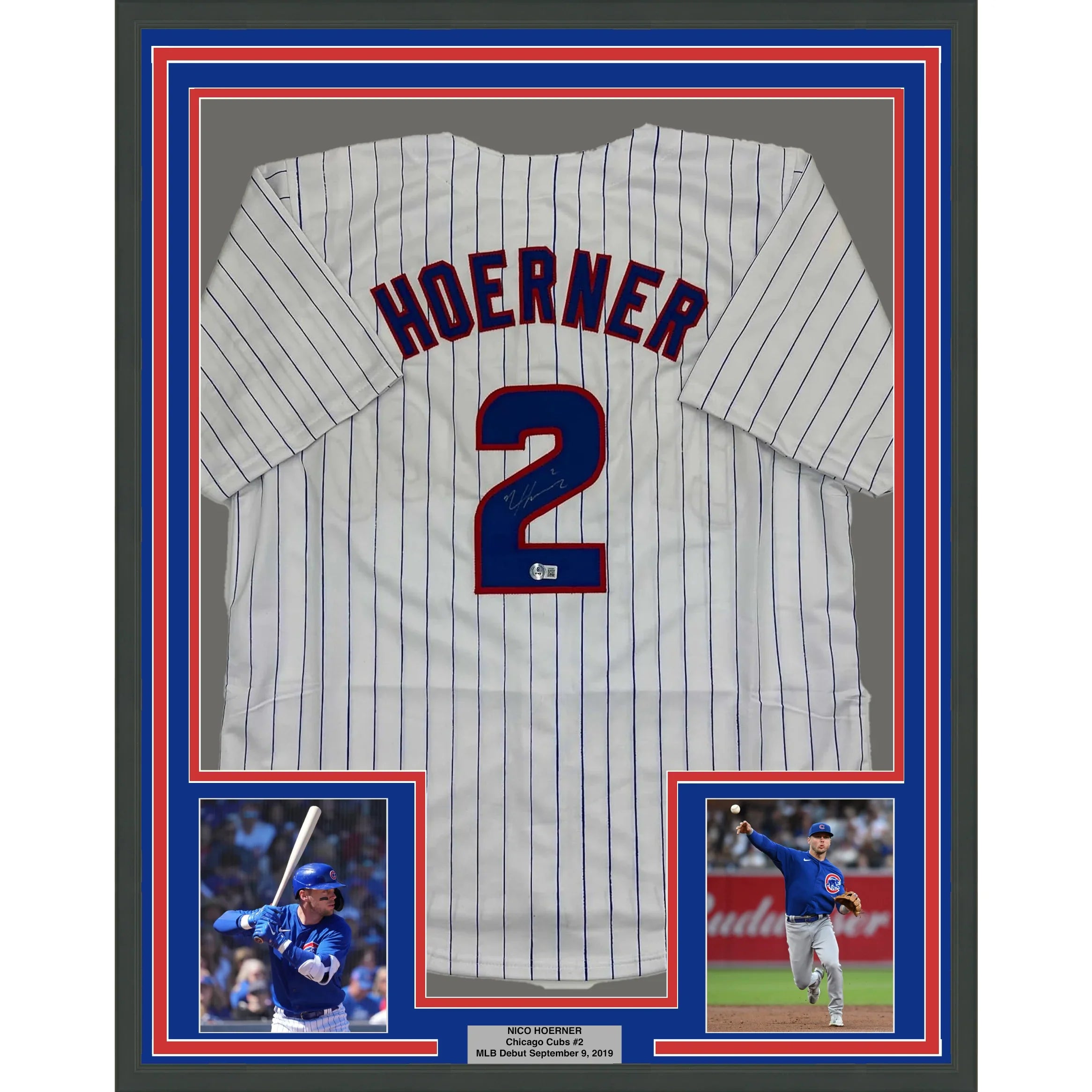 Framed Autographed/Signed Nico Hoerner 35x39 Chicago Pinstripe Baseball Jersey Beckett BAS COA