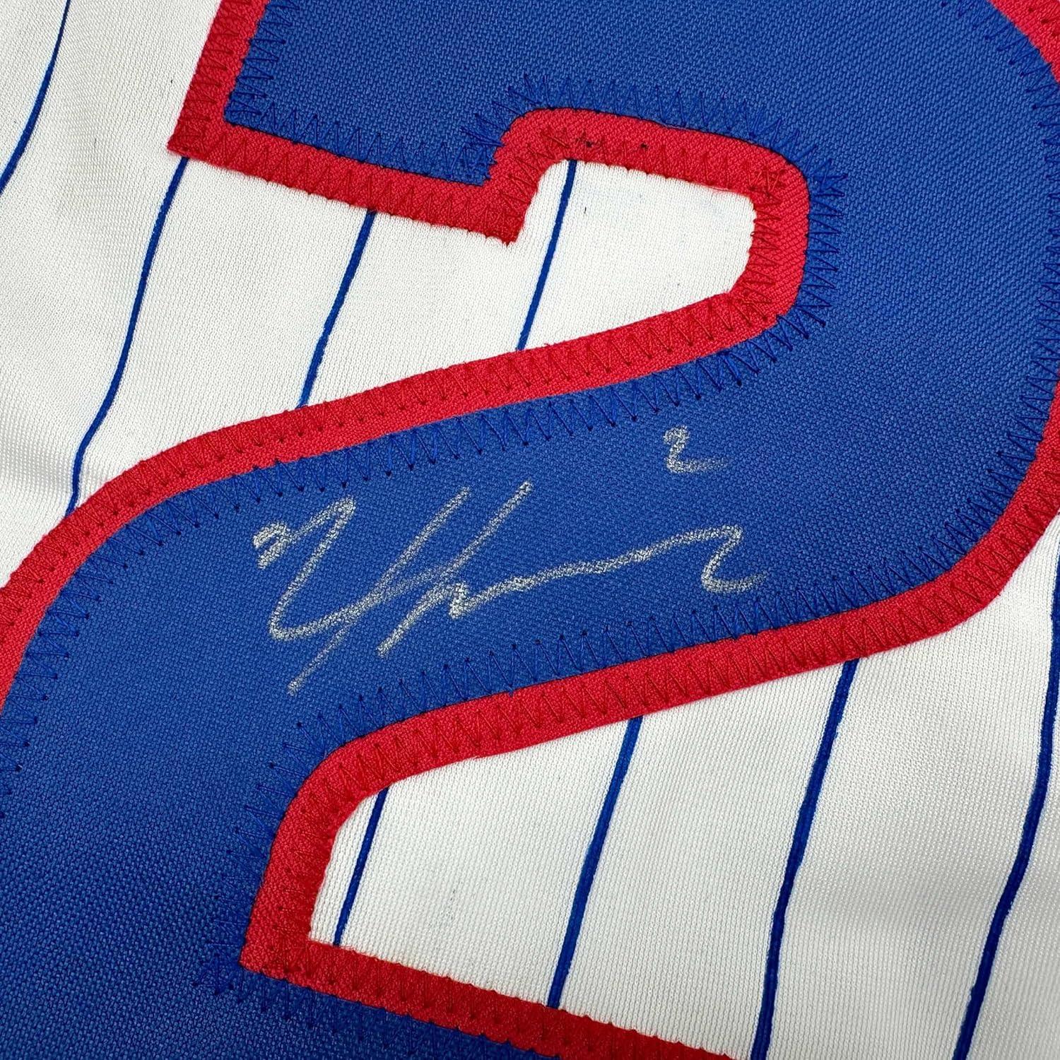 Framed Autographed/Signed Nico Hoerner 35x39 Chicago Pinstripe Baseball Jersey Beckett BAS COA