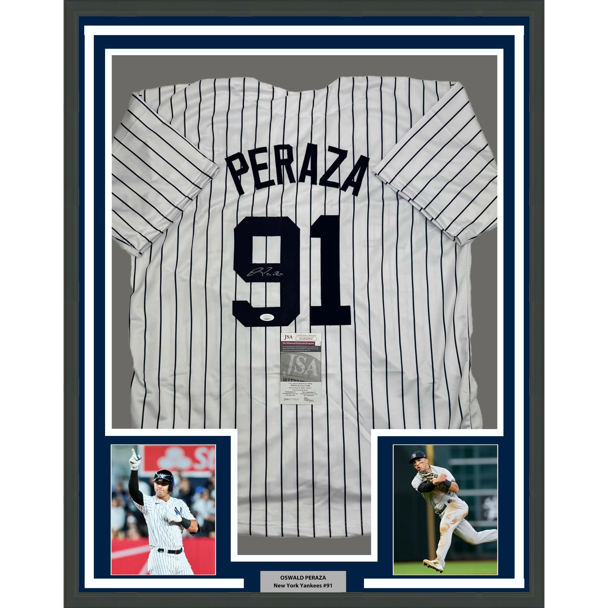 Framed Autographed/Signed Alex Rodriguez 35x39 New York Pinstripe Baseball Jersey JSA COA