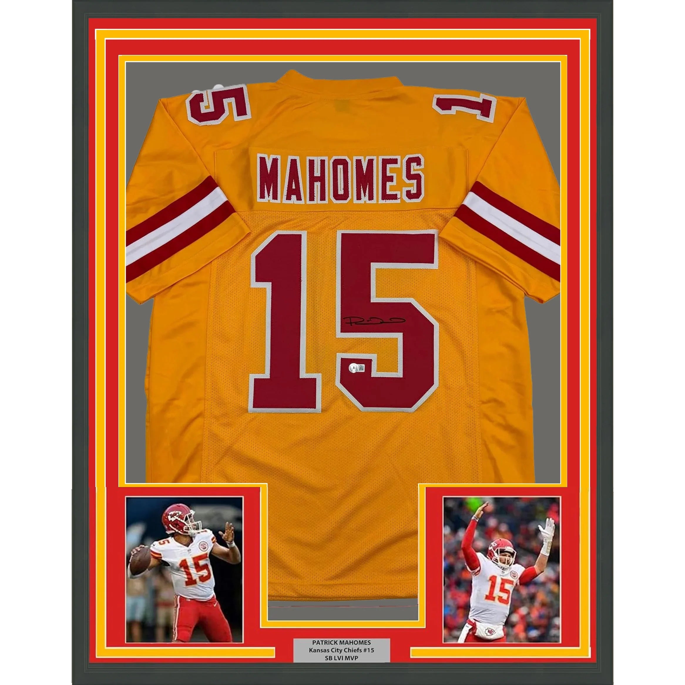 Framed Autographed/Signed Patrick Mahomes 35x39 Kansas City Yellow Football Jersey Beckett BAS COA