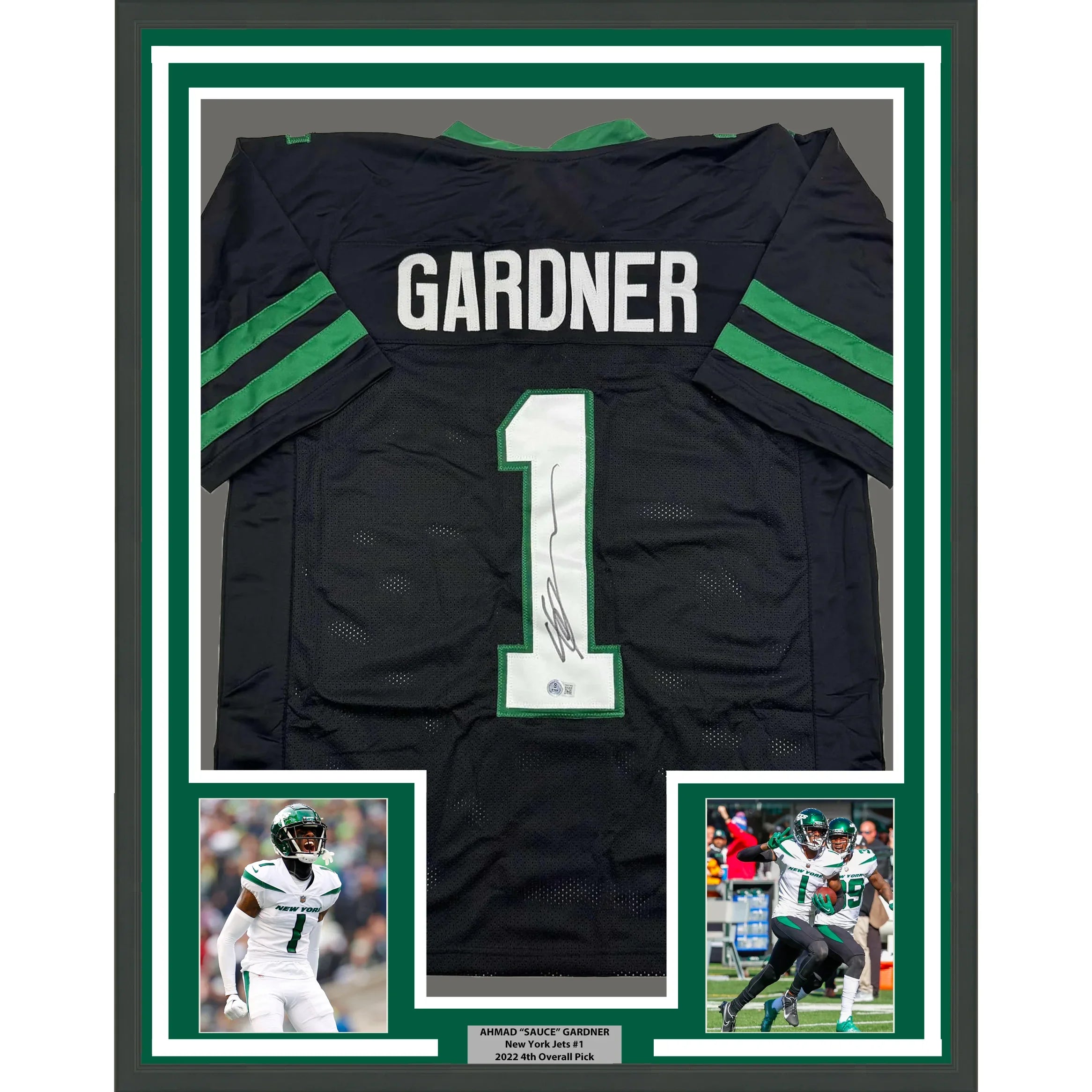 Framed Autographed/Signed Ahmad Sauce Gardner 35x39 New York Black Football Jersey Beckett BAS COA #2
