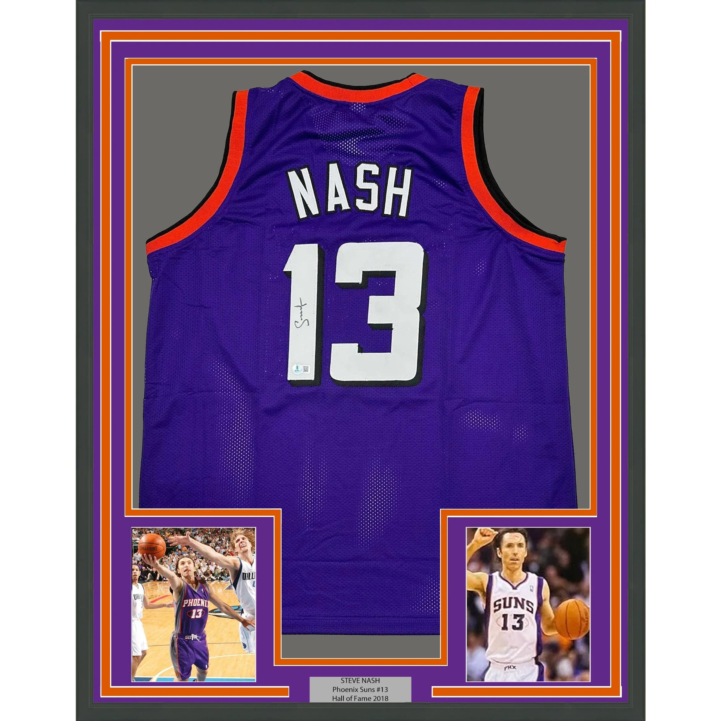 Framed Autographed/Signed Steve Nash 35x39 Phoenix Purple Basketball Jersey Beckett BAS COA