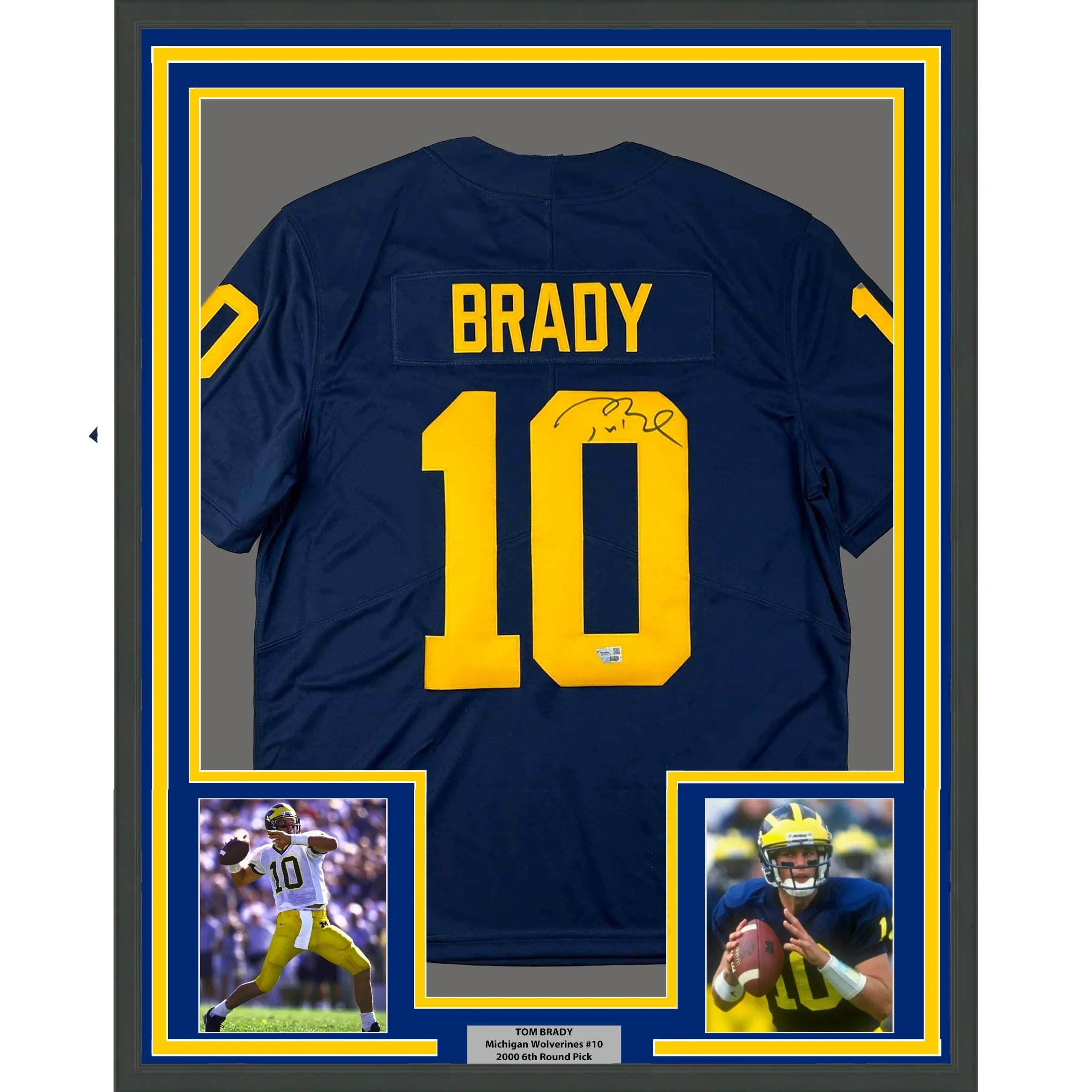 Framed Autographed/Signed Tom Brady 35x39 Michigan Wolverines Blue Authentic Limited Football Jersey Fanatics COA