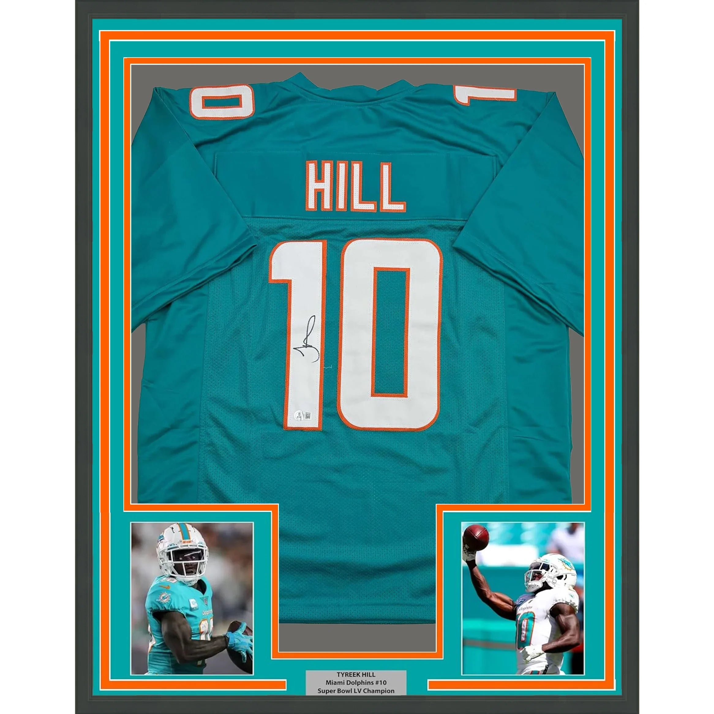 Framed Autographed/Signed Tyreek Hill 35x39 Miami Teal Football Jersey Beckett BAS COA