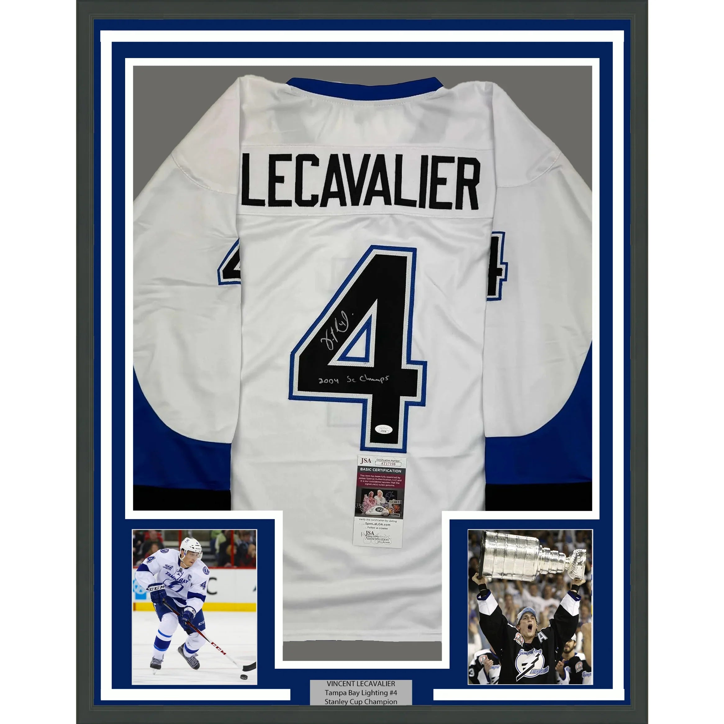 Framed Autographed/Signed Vincent Lecavalier 2004 SC Champs 35x39 Tampa Bay White Hockey Jersey JSA COA