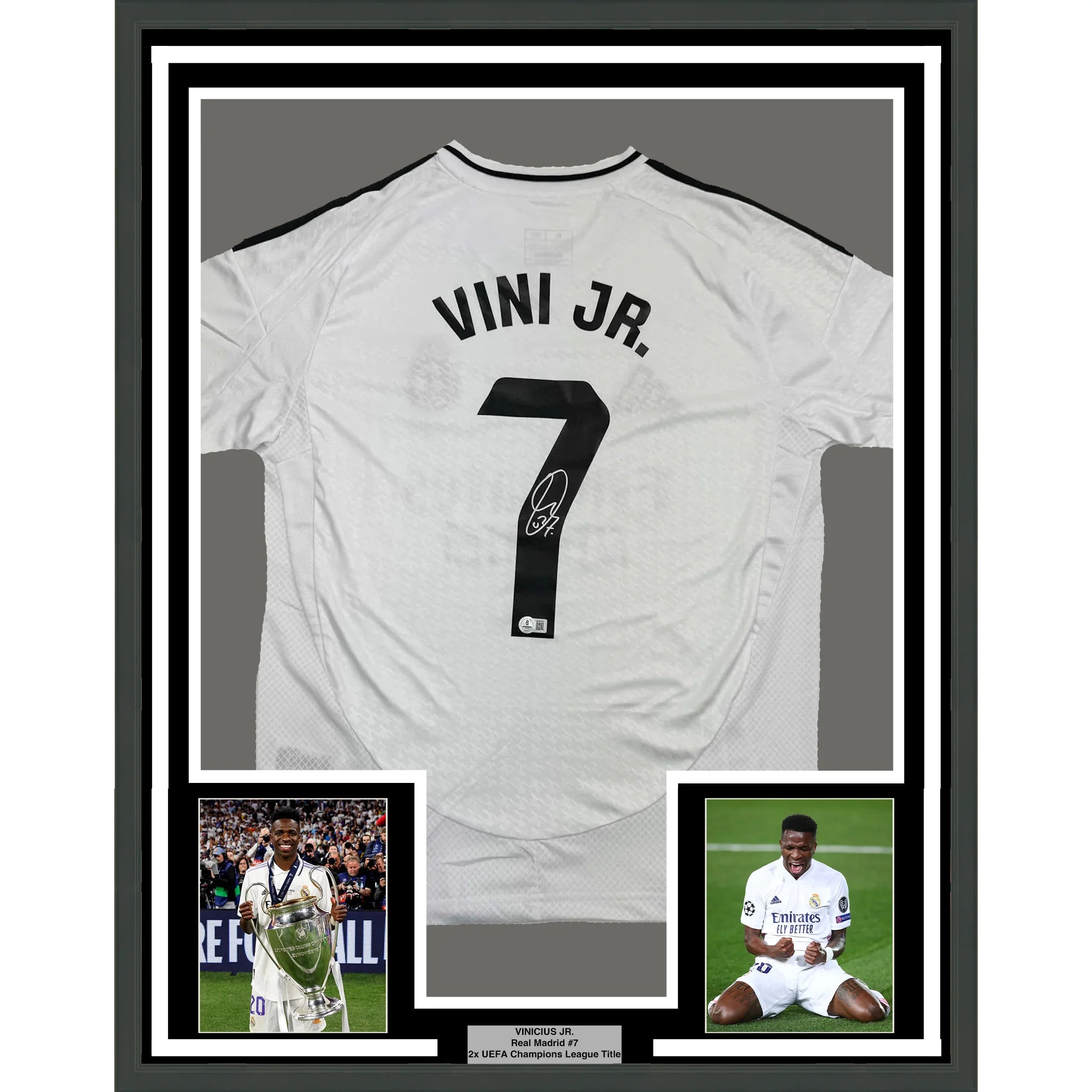 Framed Autographed/Signed Vini Vinicius Jr. #7 35x39 Real Madrid White Soccer Jersey Beckett BAS COA