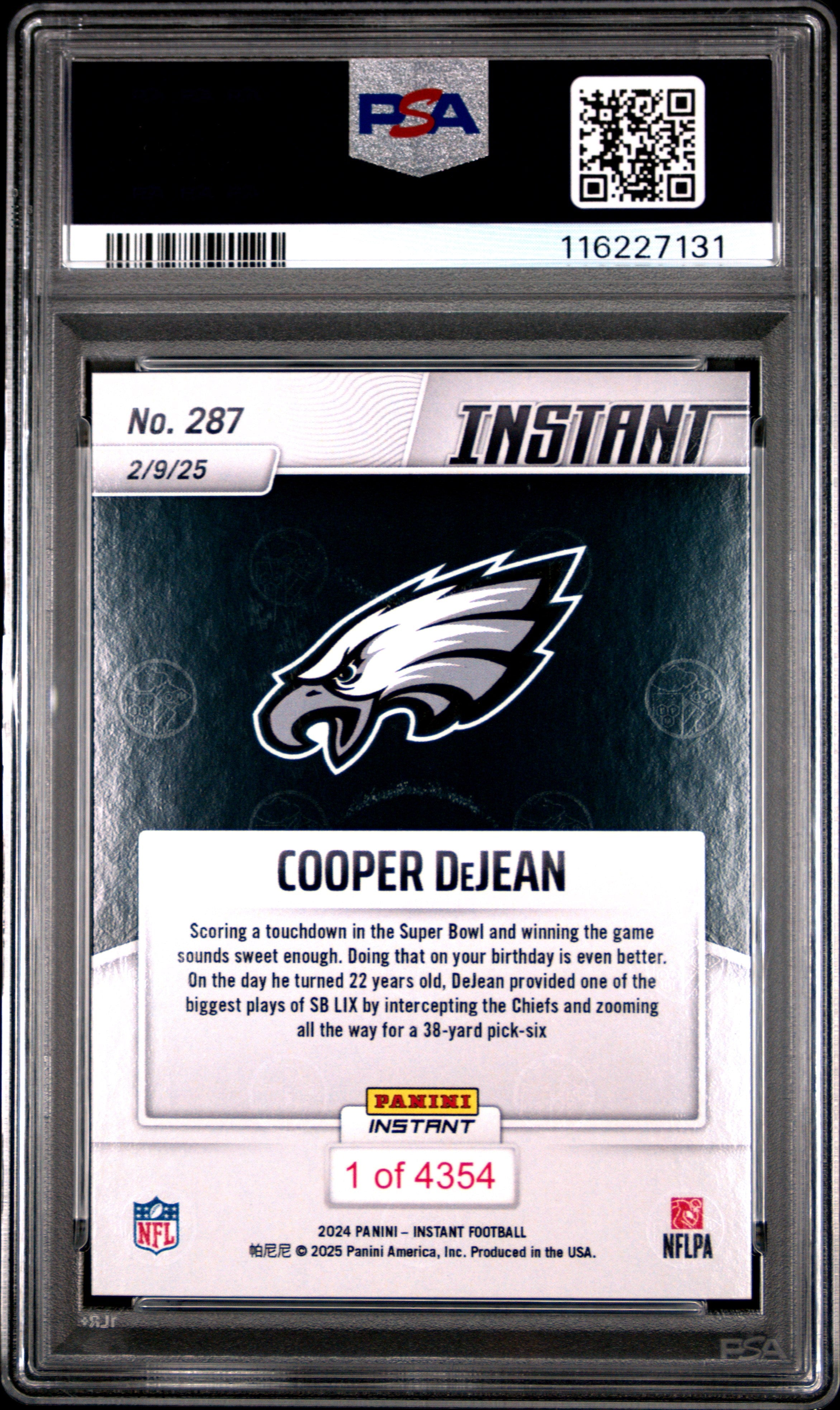 Graded 2024 Panini Instant NFL Cooper DeJean #287 Rookie RC Football Card PSA 10 Gem Mint