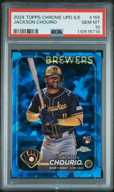Graded 2024 Topps Chrome Update Sapphire Jackson Chourio #155 Rookie RC Baseball Card PSA 10 Gem Mint