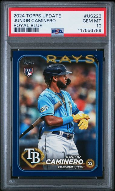 Graded 2024 Topps Update Junior Caminero #US223 Royal Blue Rookie RC Baseball Card PSA 10 Gem Mint
