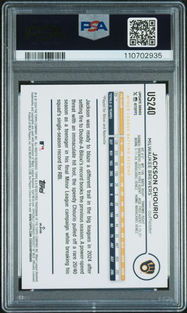 Graded 2024 Topps Update Jackson Chourio #US240 Rookie RC Baseball Card PSA 10 Gem Mint
