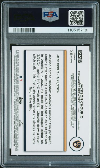 Graded 2024 Topps Chrome Update Sapphire Jackson Chourio #155 Rookie RC Baseball Card PSA 10 Gem Mint