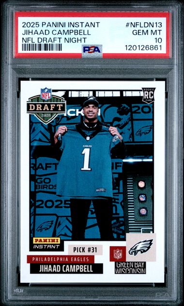 Graded 2025 Panini Instant Jihaad Campbell #NFLDN13 Draft Night Rookie RC Football Card PSA 10 Gem Mint
