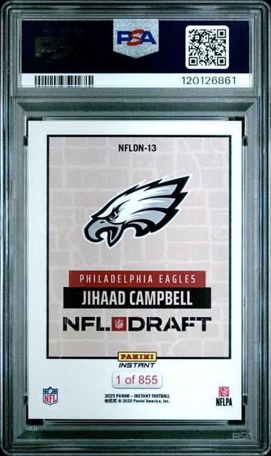 Graded 2025 Panini Instant Jihaad Campbell #NFLDN13 Draft Night Rookie RC Football Card PSA 10 Gem Mint