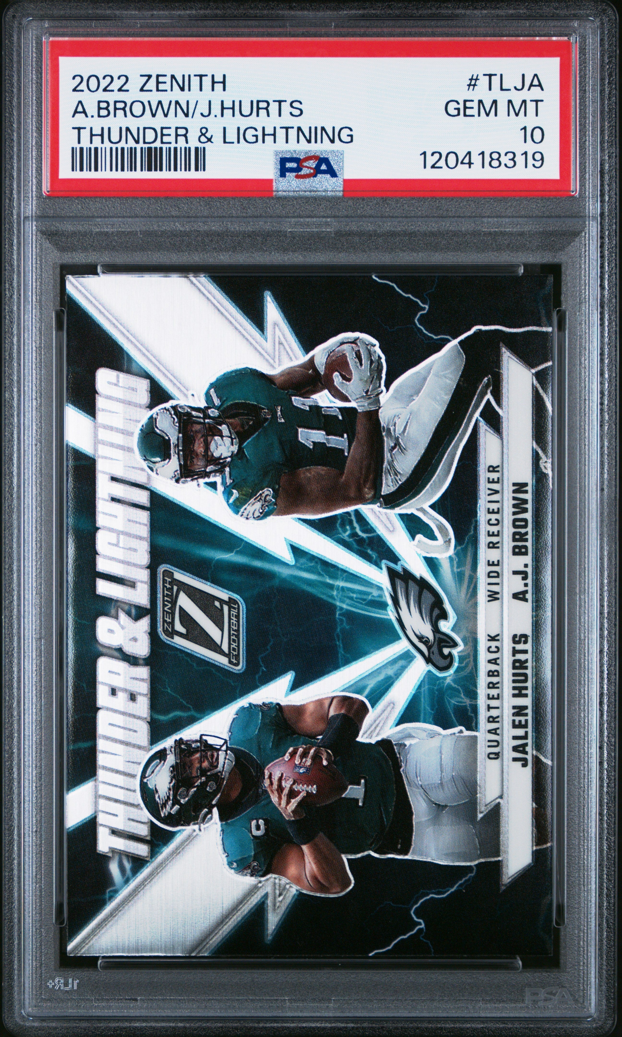 Graded 2022 Panini Zenith AJ Brown/Jalen Hurts #TLJA Thunder & Lightning Football Card PSA 10 Gem Mint
