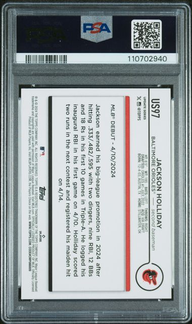 Graded 2024 Topps Update Jackson Holliday #US97 Rookie RC Baseball Card PSA 10 Gem Mint