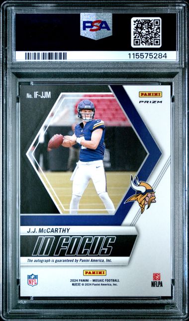 Graded 2024 Mosaic JJ McCarthy #IFJJM In Focus Signature Rookie RC Football Card PSA 10 Gem Mint