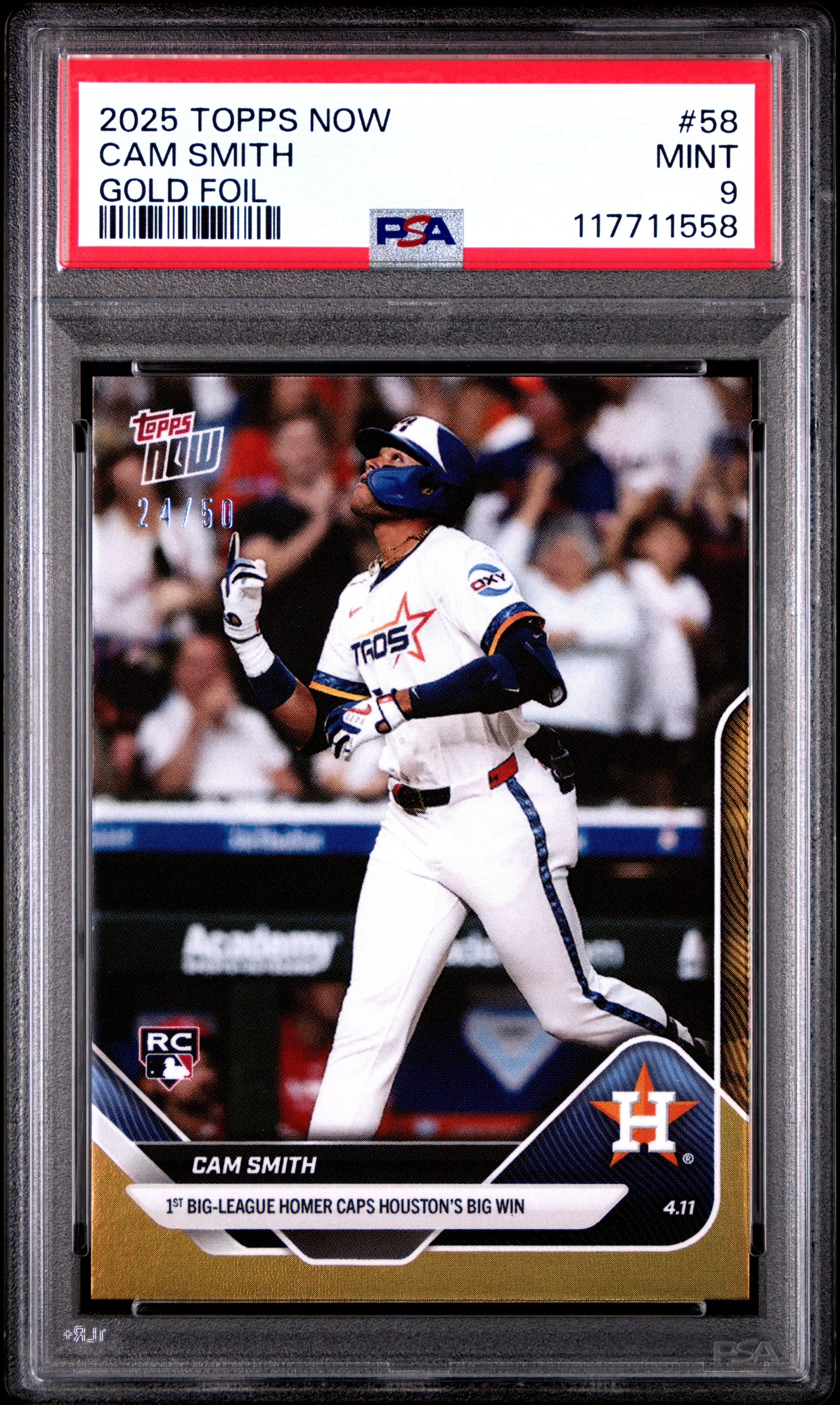 Graded 2025 Topps Now Cam Smith #58 Gold Foil /50 Rookie RC Baseball Card PSA 9 Mint